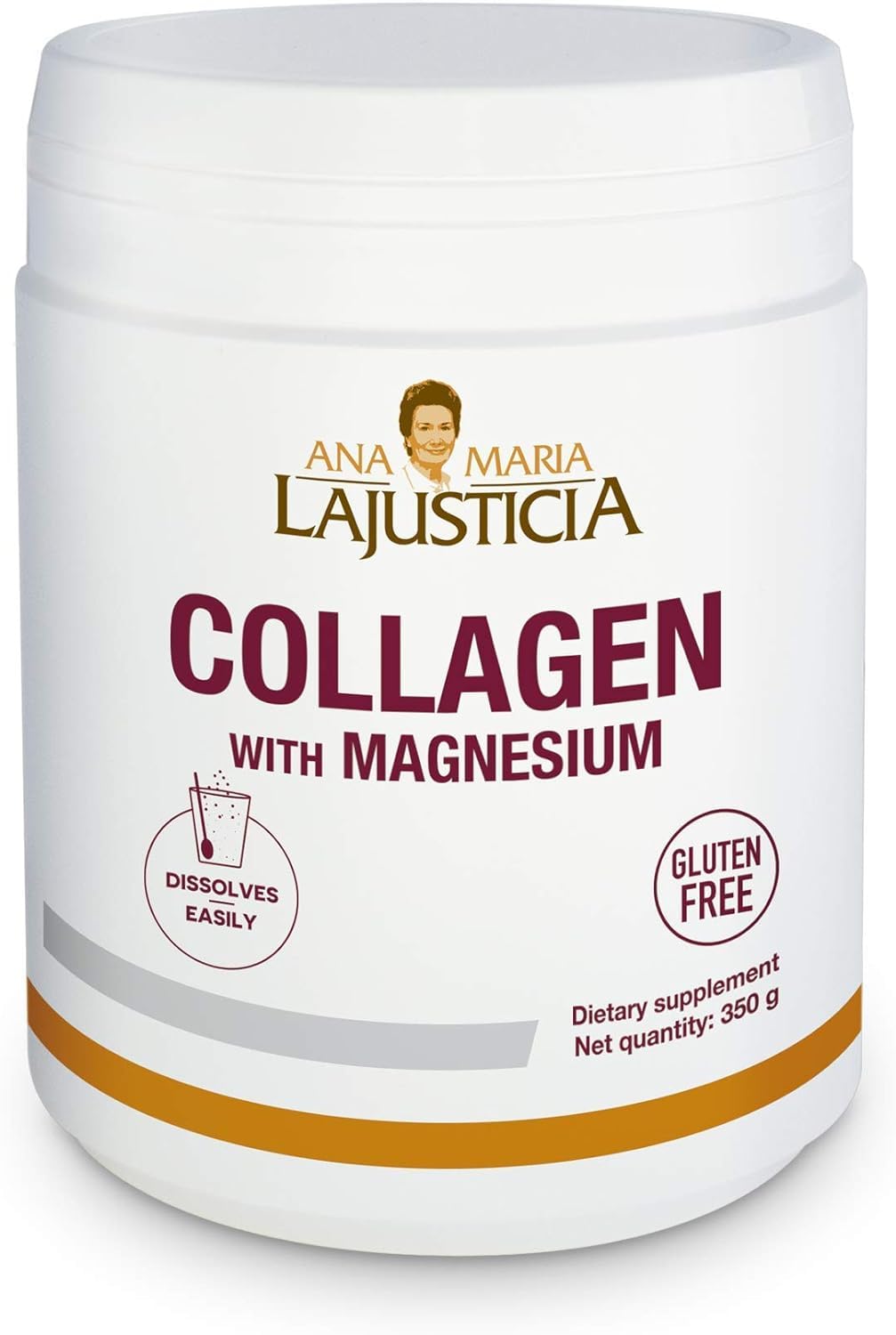Ana María Lajusticia collagen magnesium powder 350g natural taste product pack shot, supporting joint health.