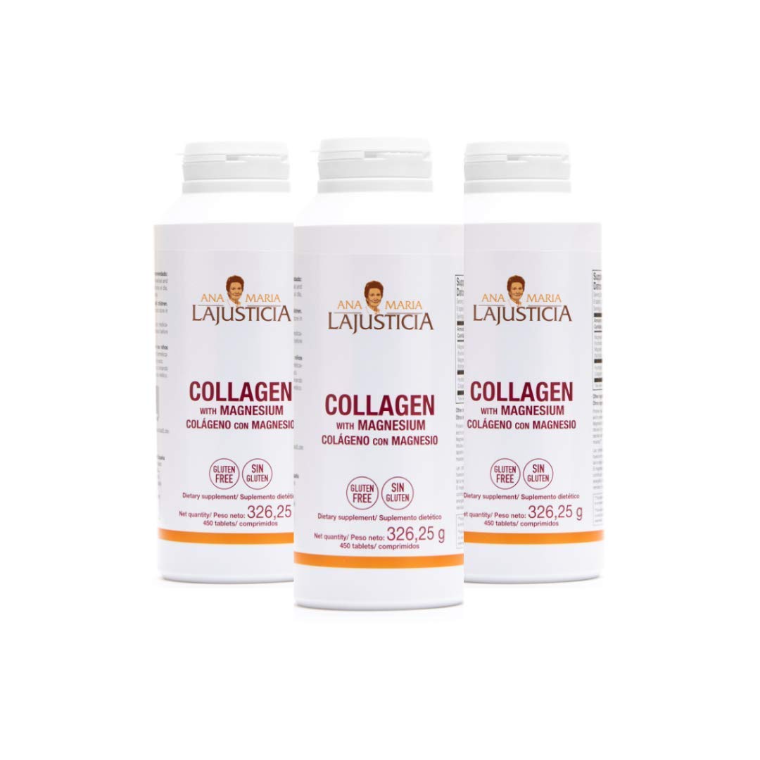 Ana María Lajusticia collagen pills bottle, targeted for skin and joint support.