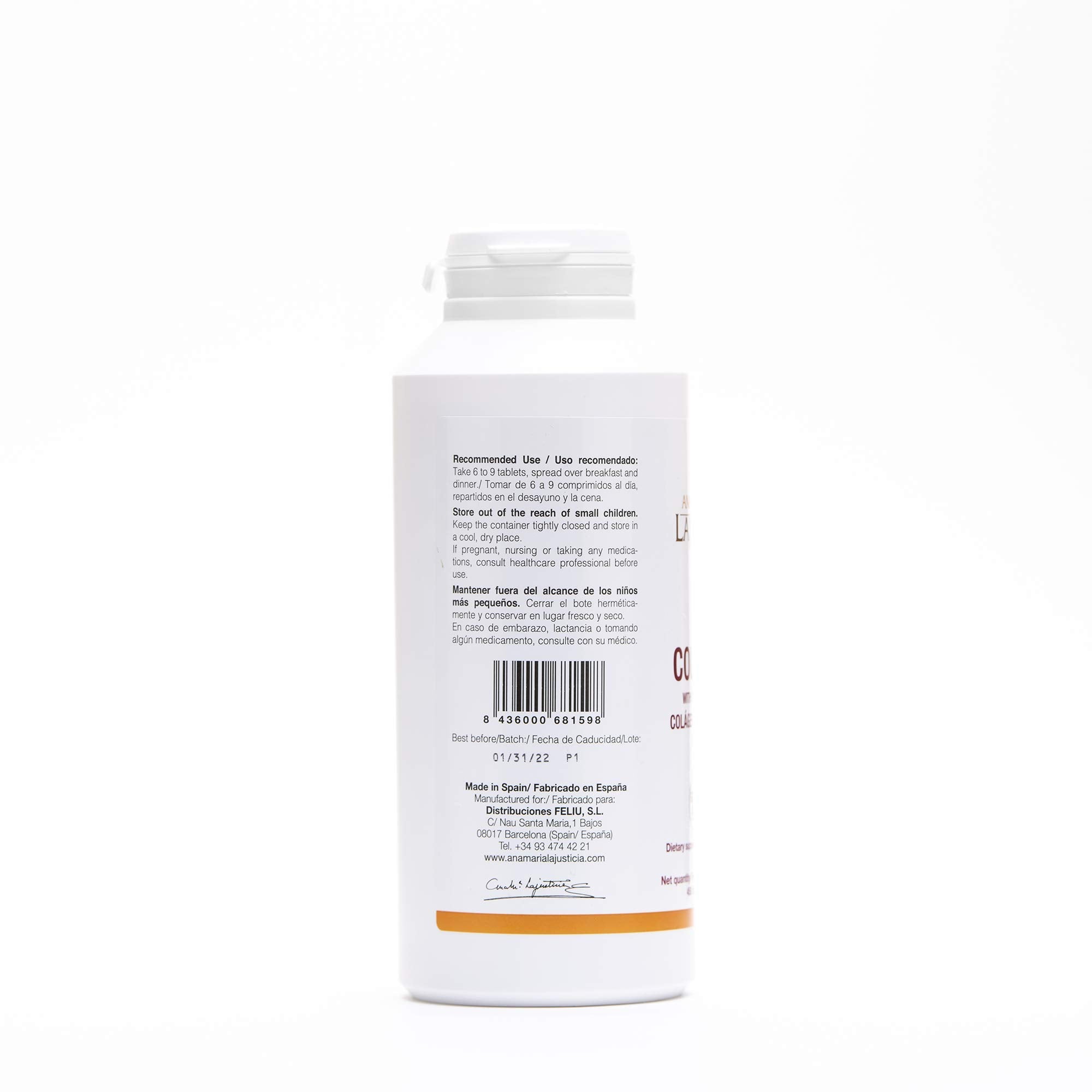 Ana María Lajusticia collagen tablets closeup, highlighting high absorption formula.