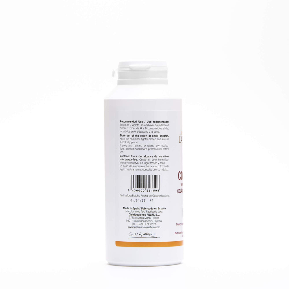 Ana María Lajusticia collagen tablets closeup, highlighting high absorption formula.
