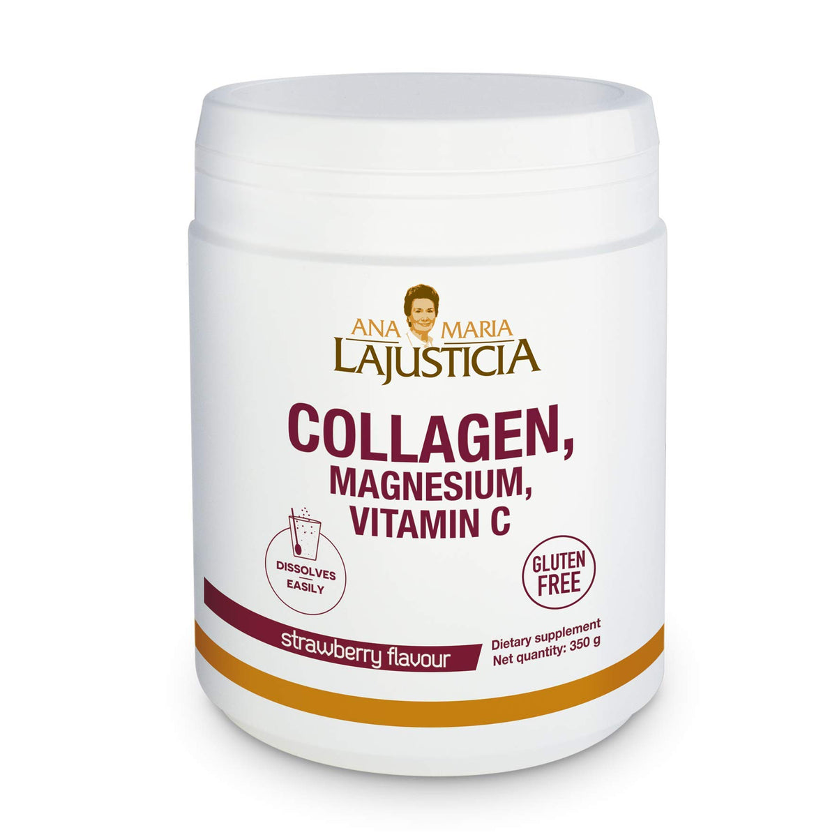 Ana Maria Lajusticia Hydrolisate Collagen Powder bottle pour, strawberry flavor enhancing hydration and joint health