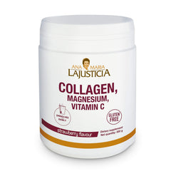 Ana Maria Lajusticia Hydrolisate Collagen Powder bottle pour, strawberry flavor enhancing hydration and joint health