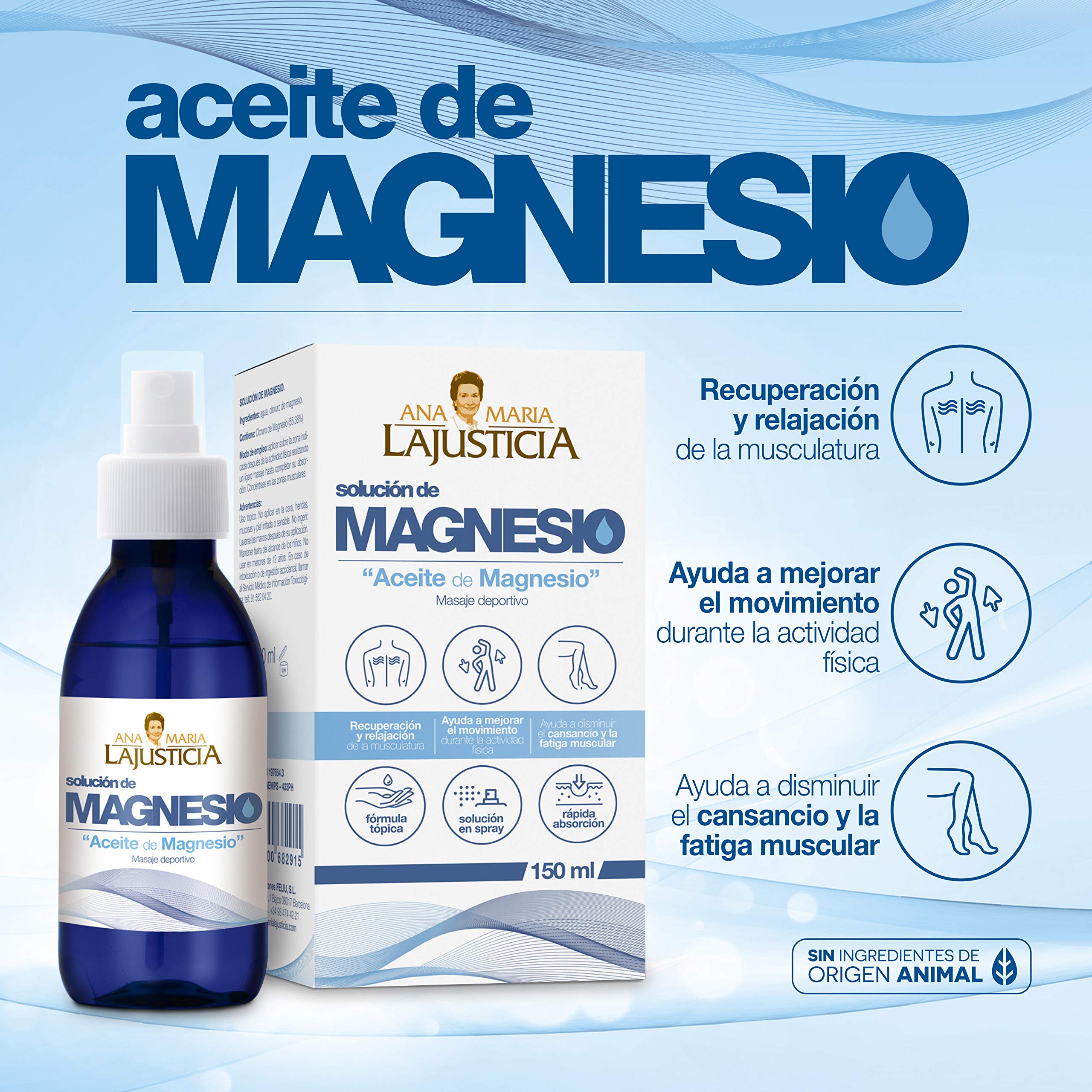Label area of Ana María Lajusticia magnesium oil emphasizes quality and dosage awareness.