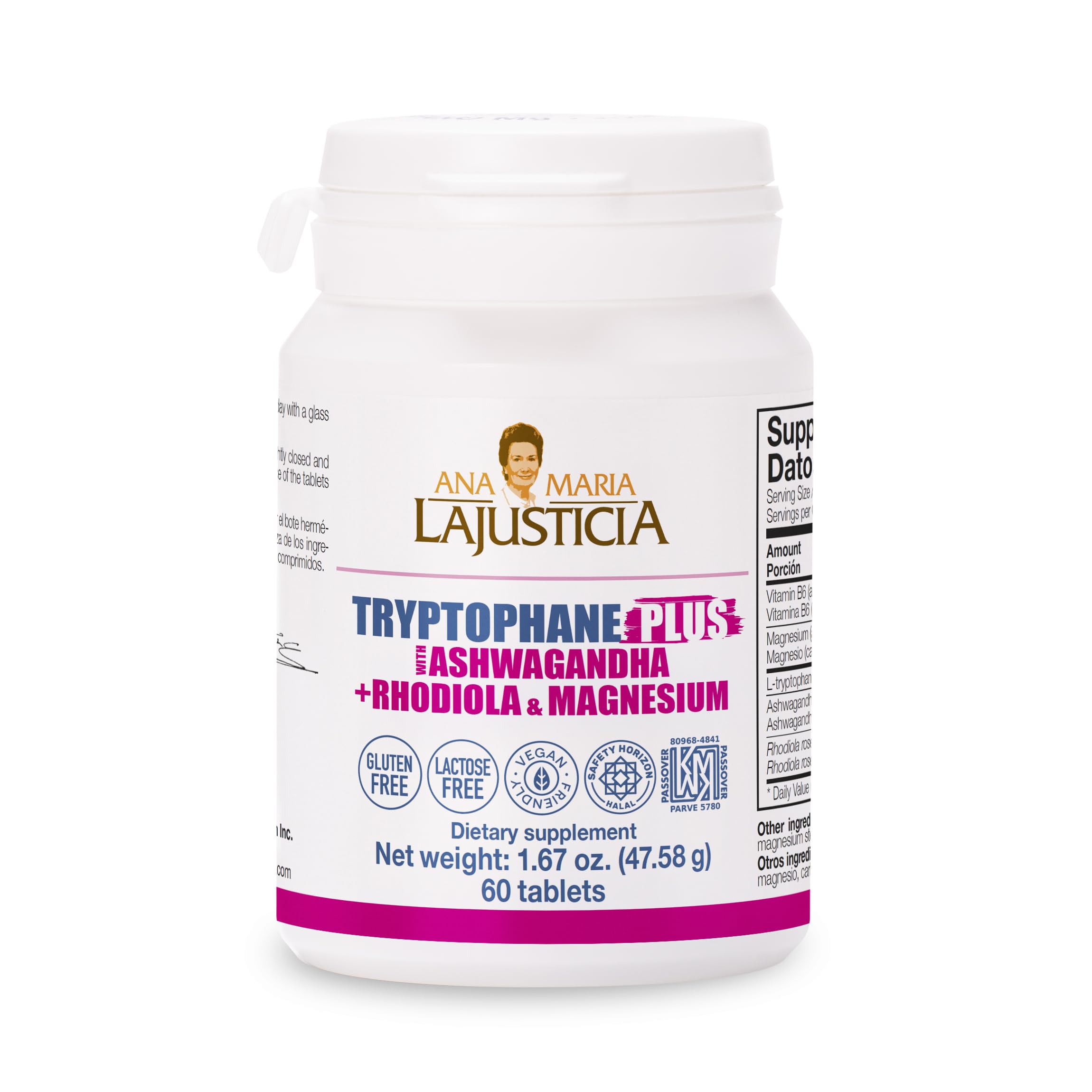 Ana María Lajusticia TRYPTOPHANE Plus Ashwagandha bottle promoting calm focus in daily life