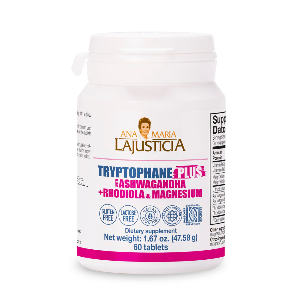 Ana María Lajusticia TRYPTOPHANE Plus Ashwagandha bottle promoting calm focus in daily life