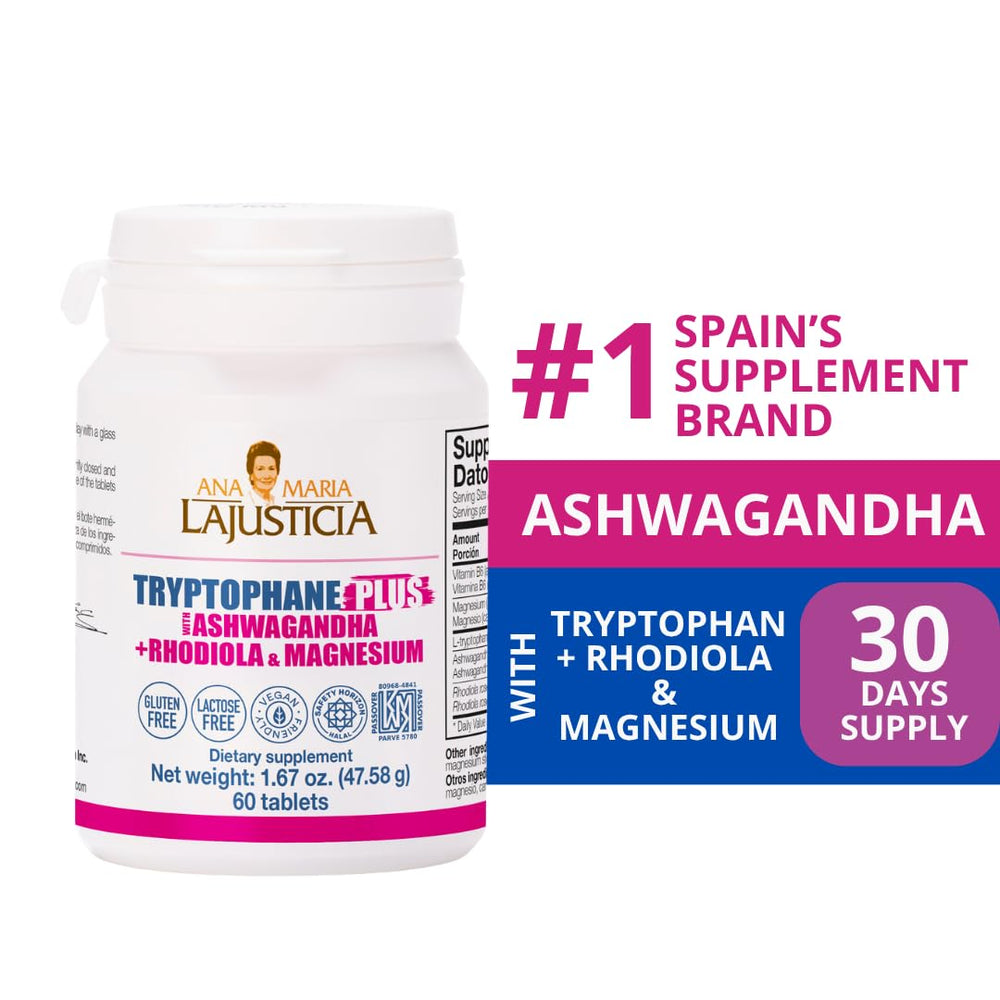 Ana María Lajusticia TRYPTOPHANE Plus Ashwagandha label on bottle, clean design