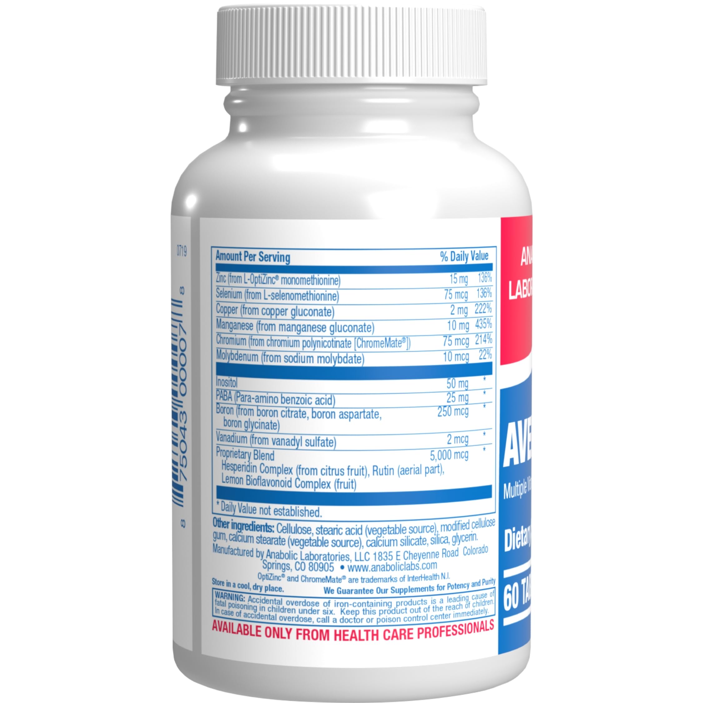 Close-up label on Anabolic Laboratories 30-in-1 multivitamin bottle