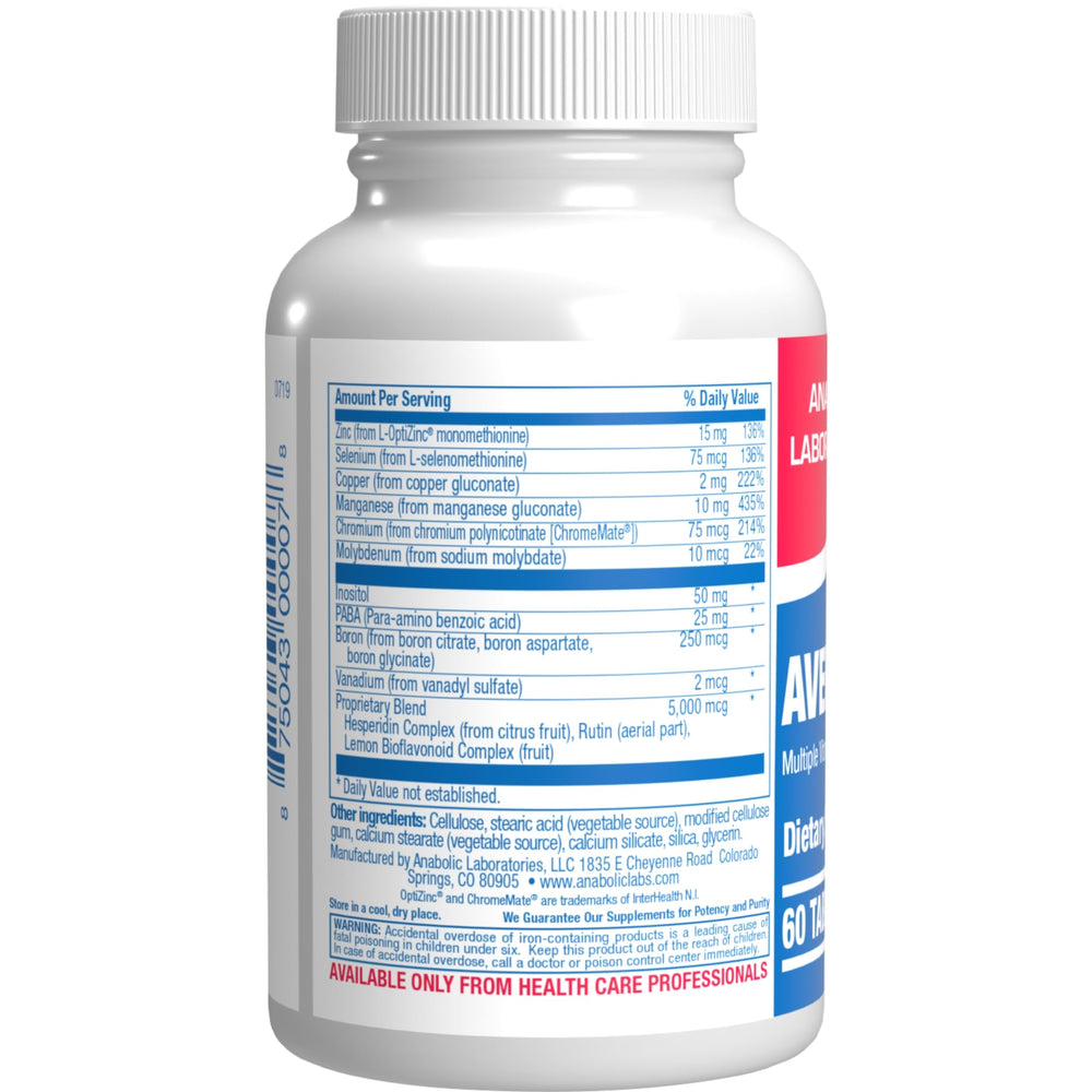 Close-up label on Anabolic Laboratories 30-in-1 multivitamin bottle