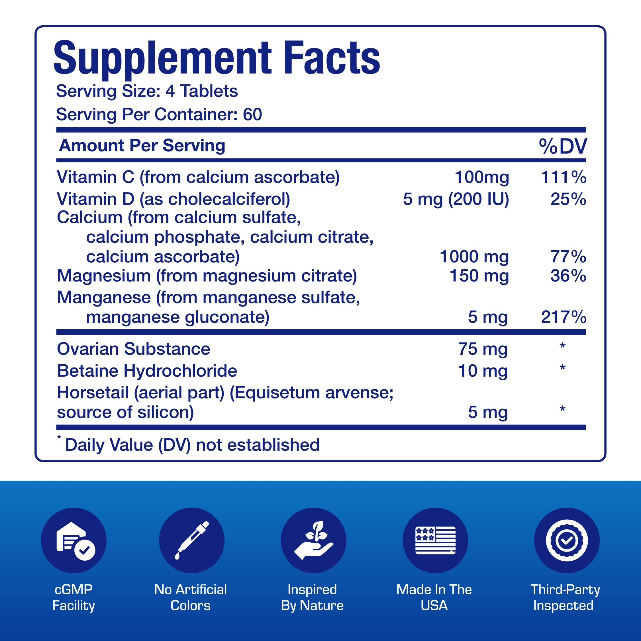 Ingredients panel highlights four calcium forms and essential minerals for bone health.