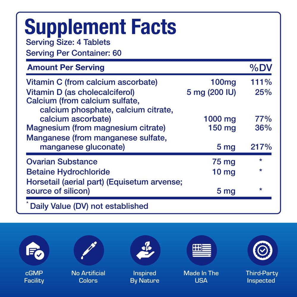Ingredients panel highlights four calcium forms and essential minerals for bone health.