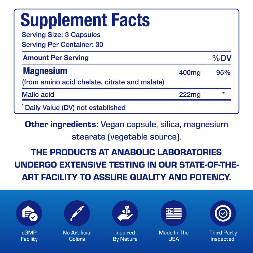 Anabolic Laboratories glycinate magnesium capsules close up highlighting high absorption benefits