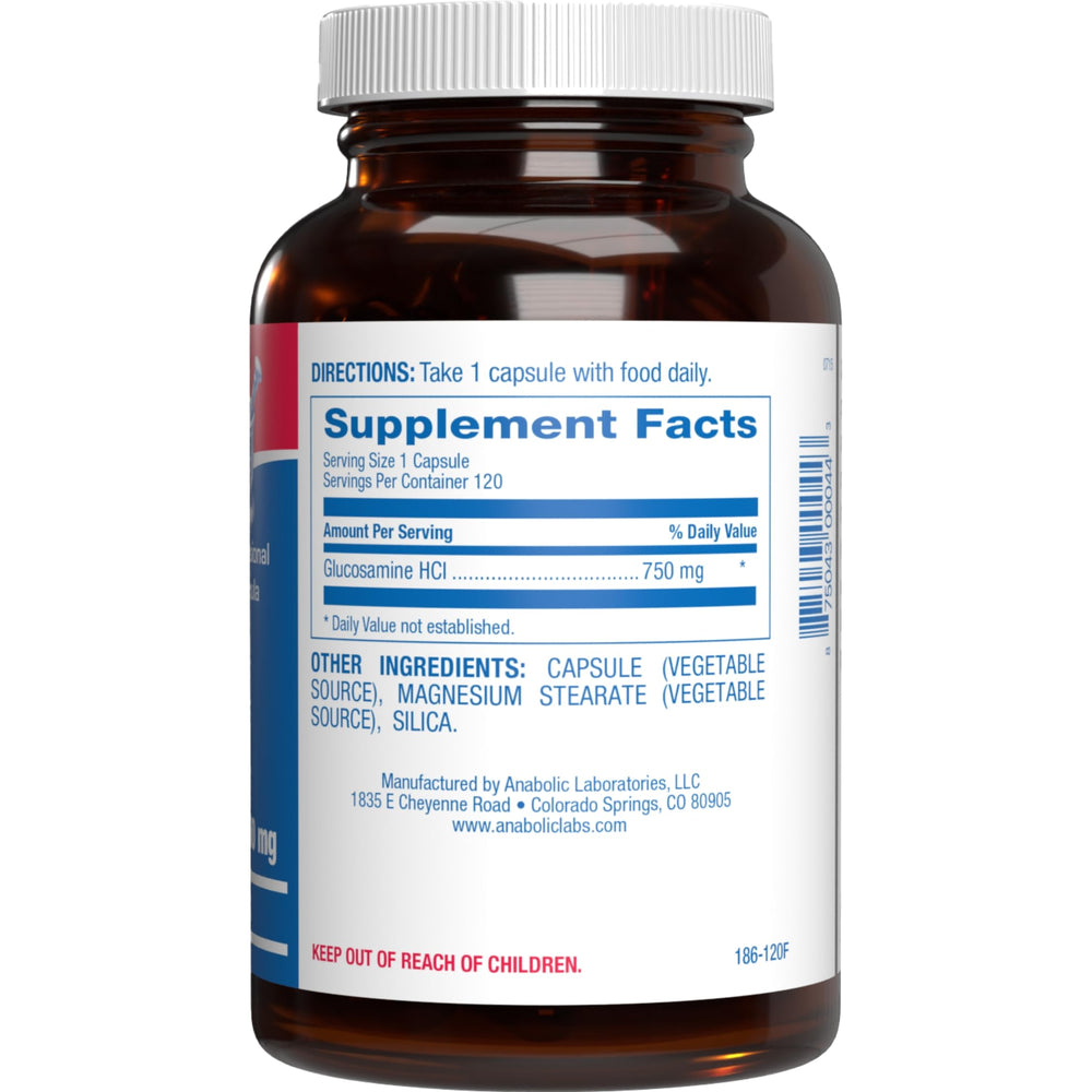 Capsules dispensing from Anabolic Laboratories vegan glucosamine illustrate easy daily dosing.