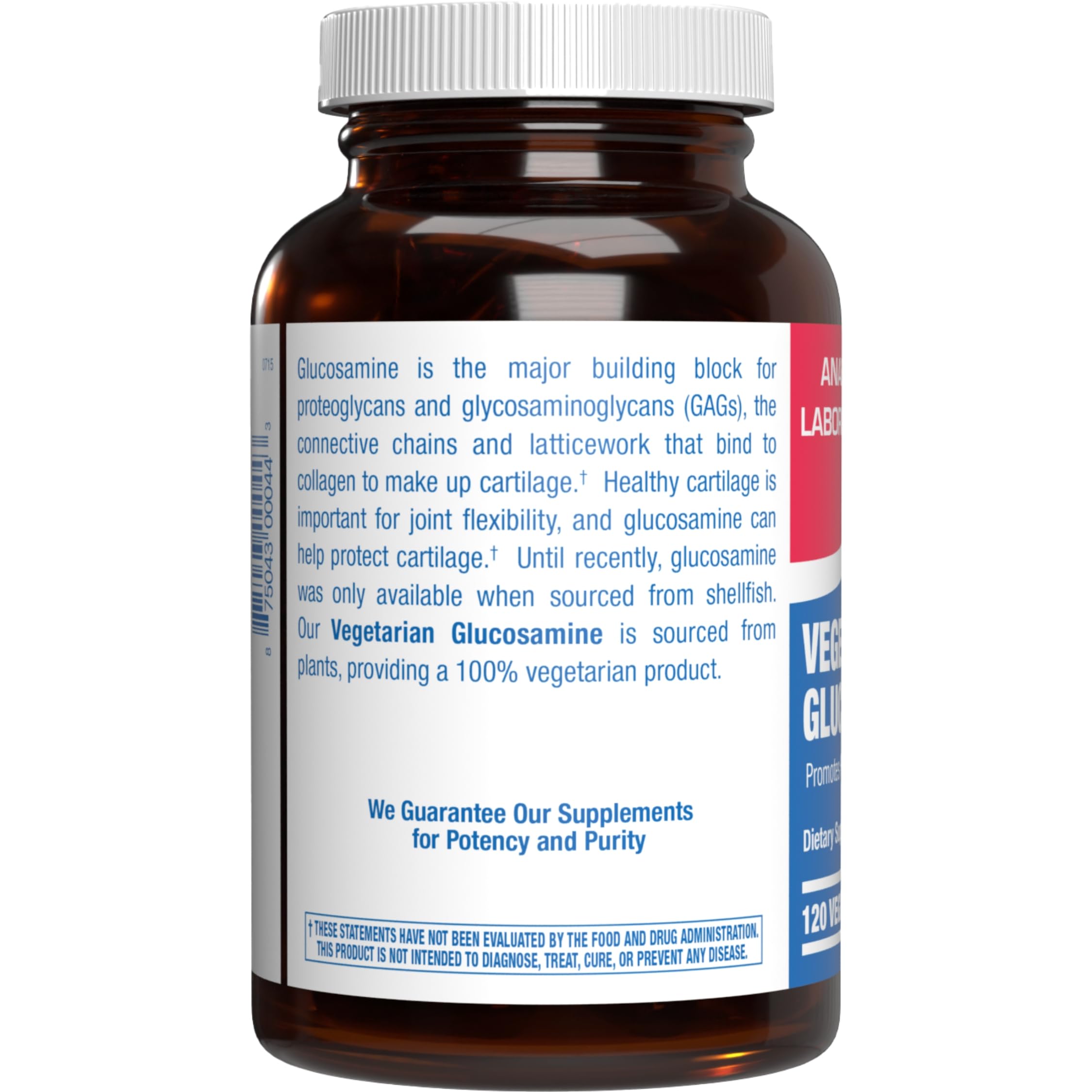 Closeup of Anabolic Laboratories vegan glucosamine label highlights non-GMO and shellfish-free ingredients.