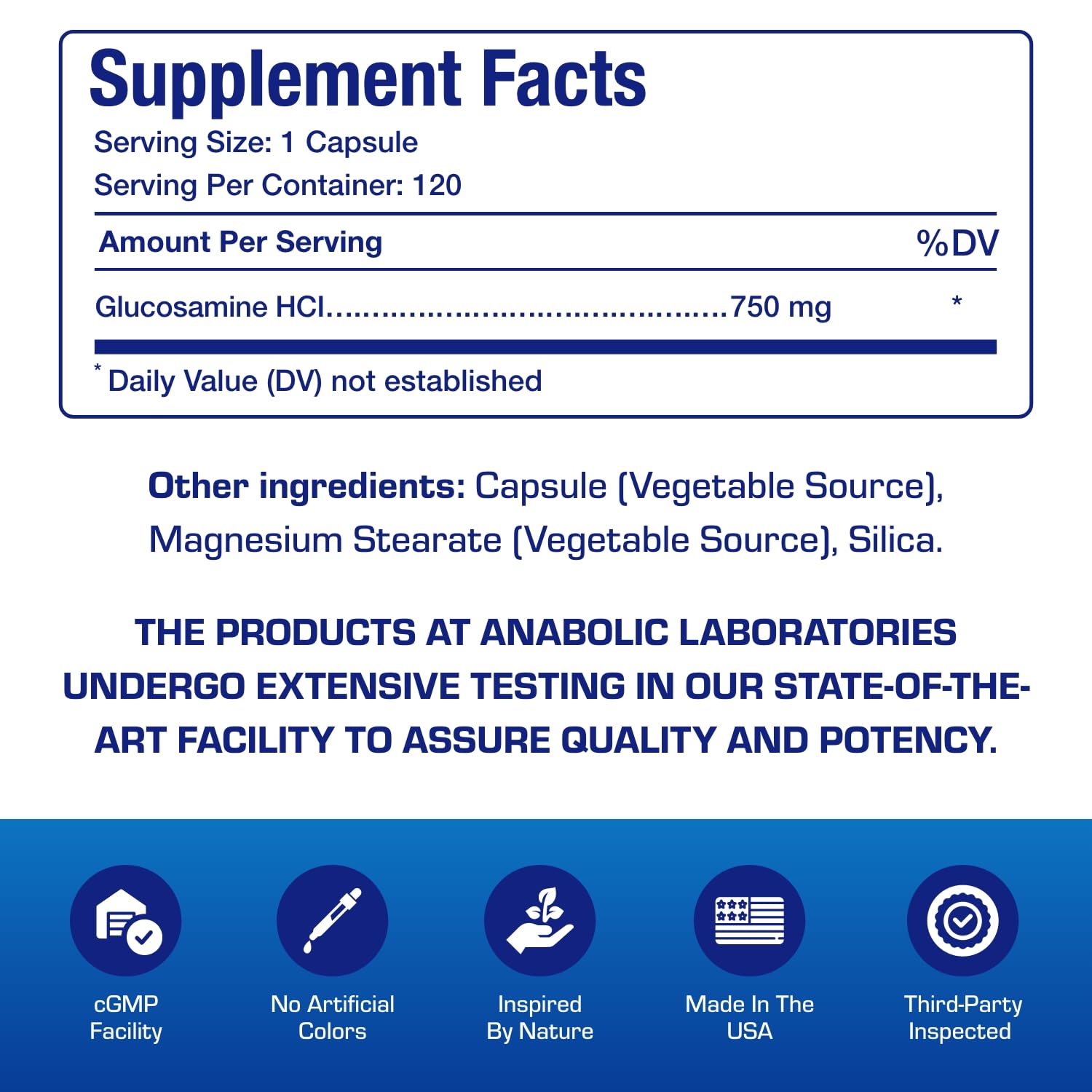 Anabolic Laboratories vegan glucosamine non-GMO icon confirms ingredient integrity.