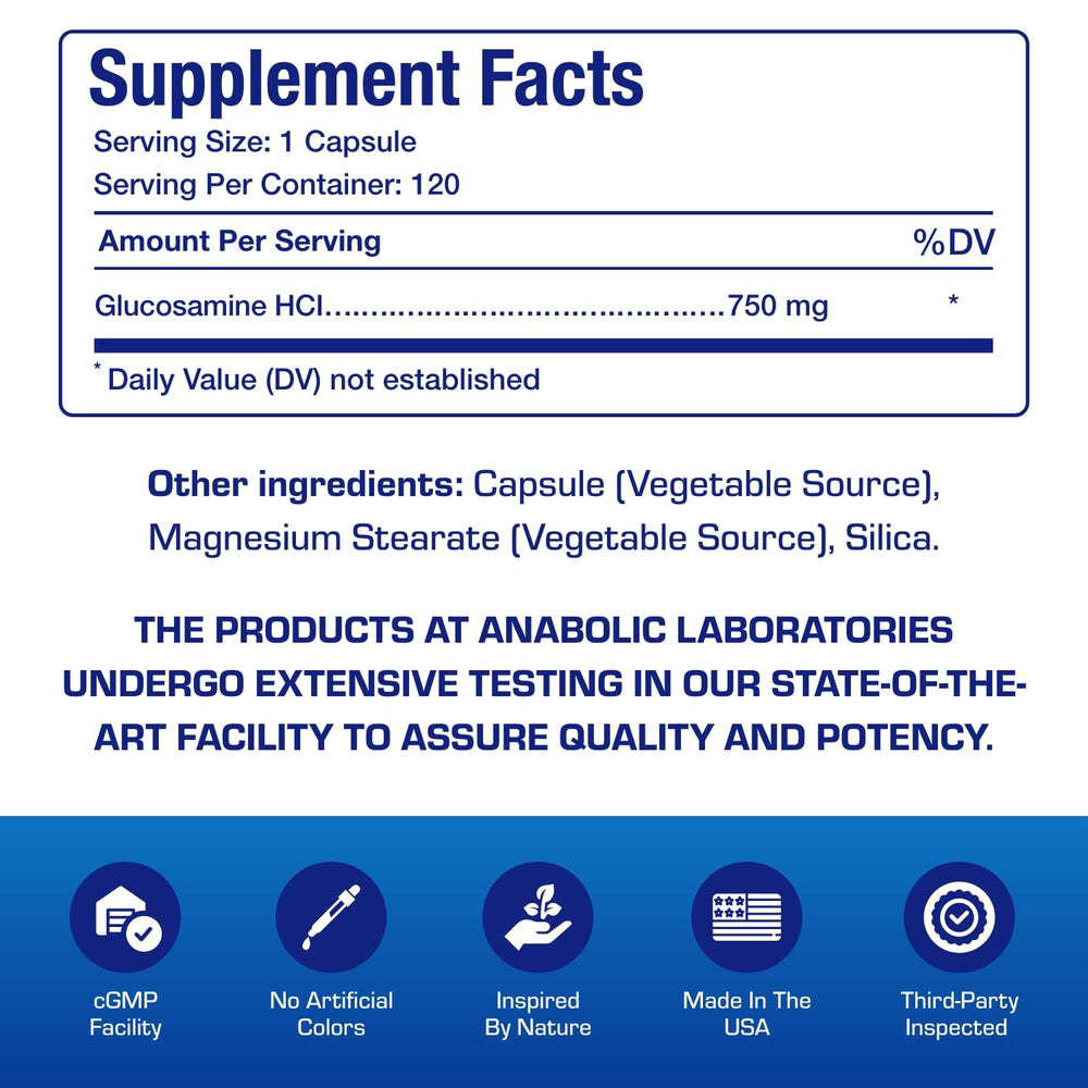 Anabolic Laboratories vegan glucosamine non-GMO icon confirms ingredient integrity.