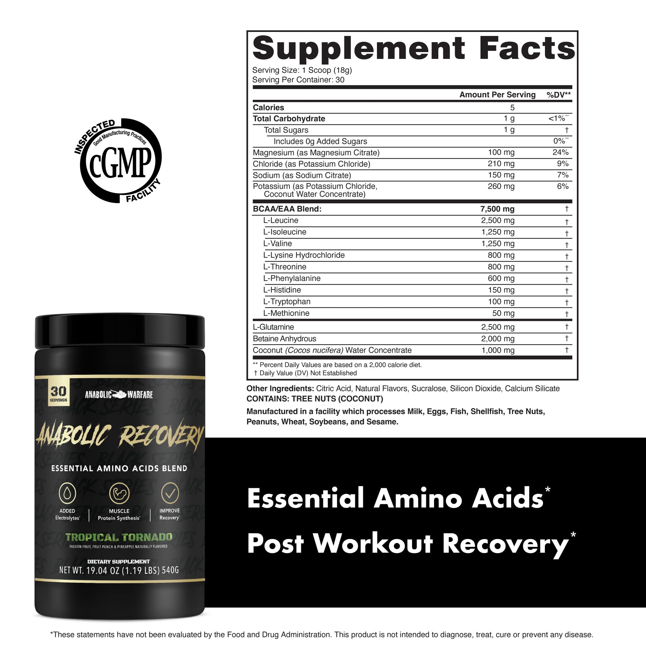 Anabolic Warfare Anabolic Recovery coconut water extract bottle emphasizes hydration support.