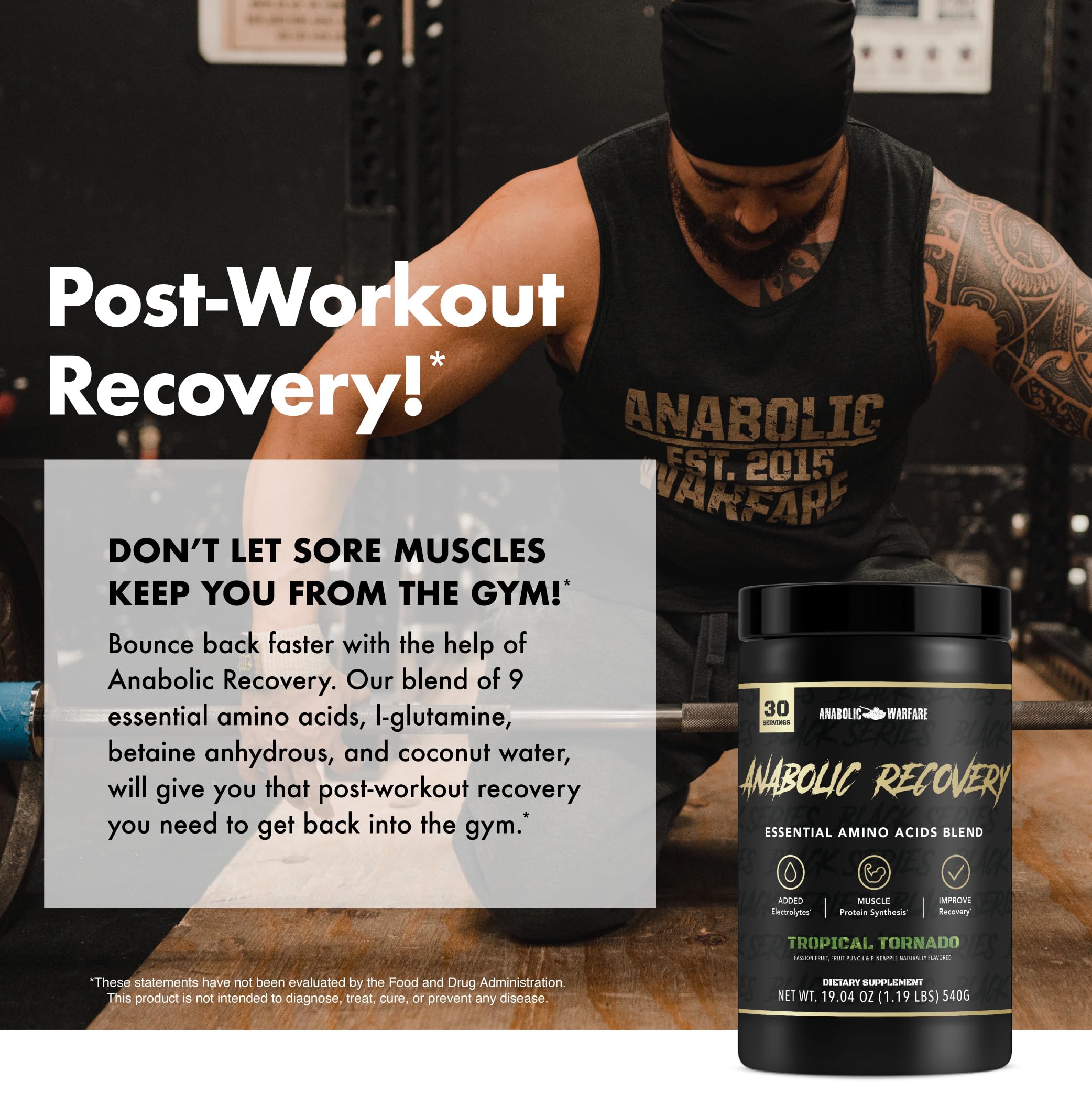 Anabolic Warfare Anabolic Recovery ingredients list emphasizing amino acids and coconut water