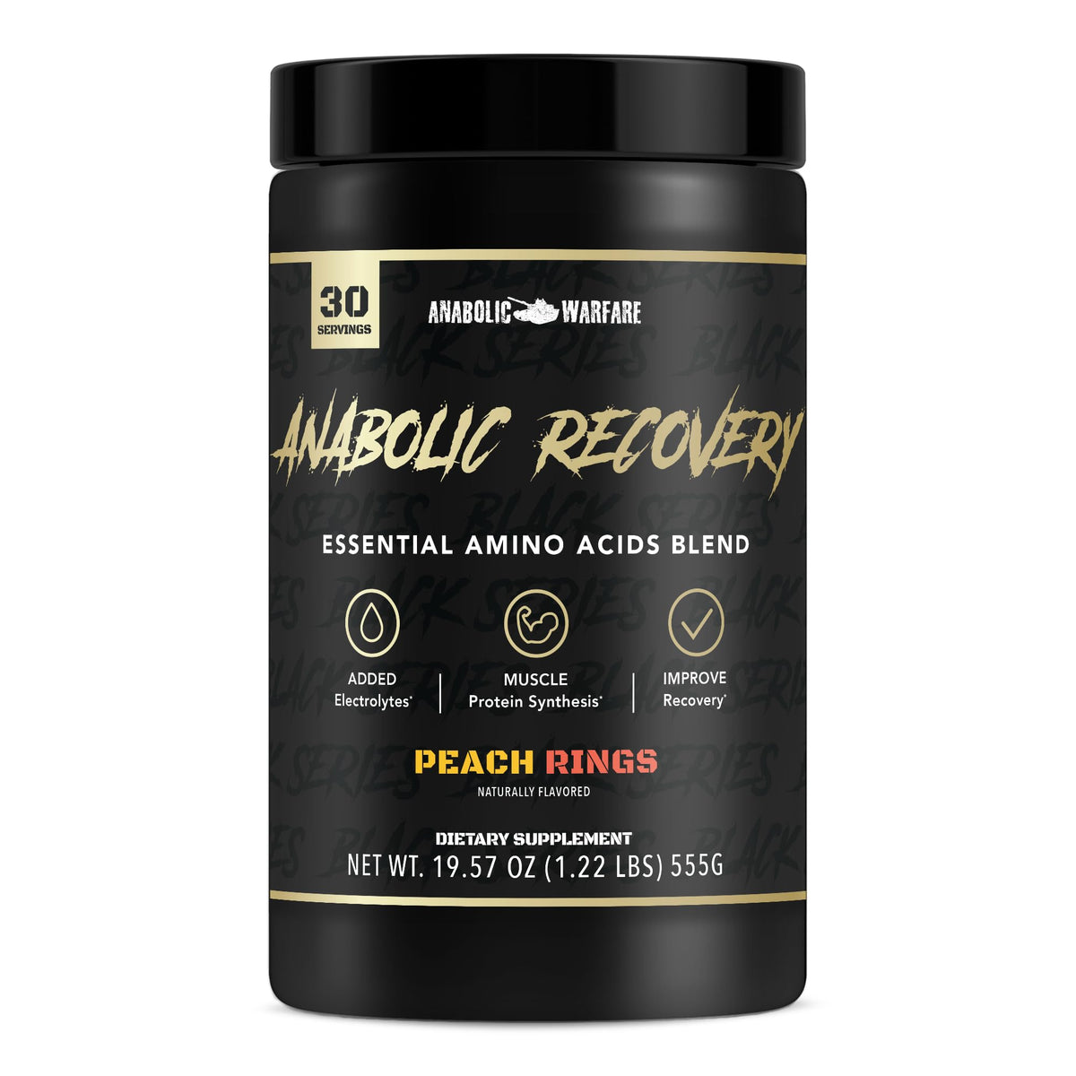 Anabolic Warfare Anabolic Recovery peach rings bottle — post-workout recovery support in a tasty flavor.