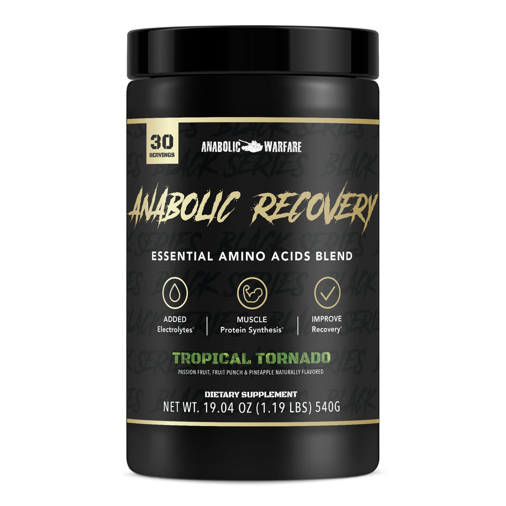 Anabolic Warfare Anabolic Recovery Tropical Tornado bottle shows flavor and post-workout recovery potential.