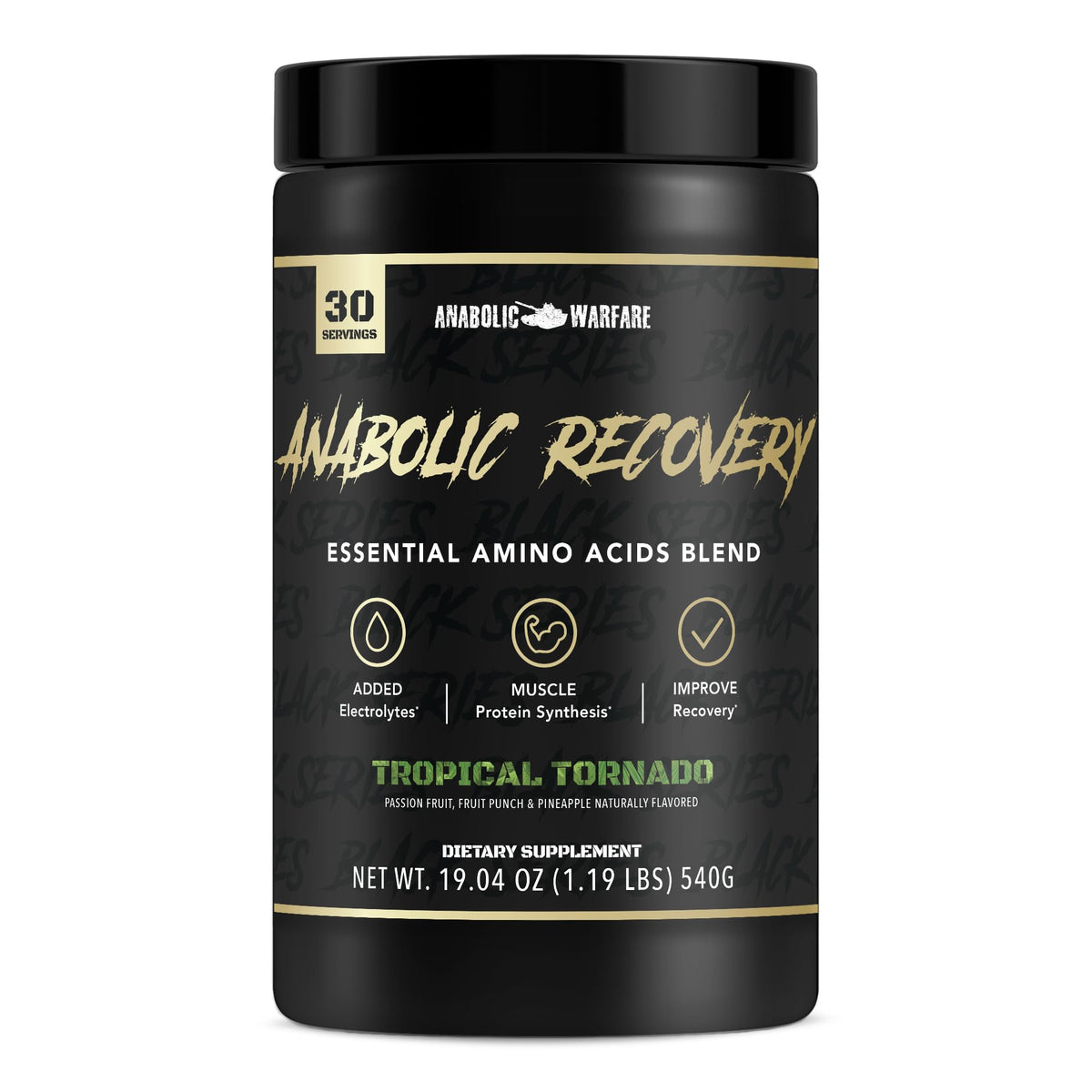 Anabolic Warfare Anabolic Recovery Tropical Tornado bottle shows flavor and post-workout recovery potential.