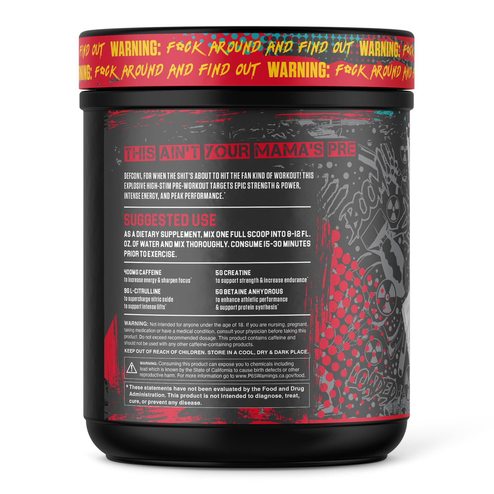 Defcon1 label highlights 400 mg caffeine for high-energy workouts