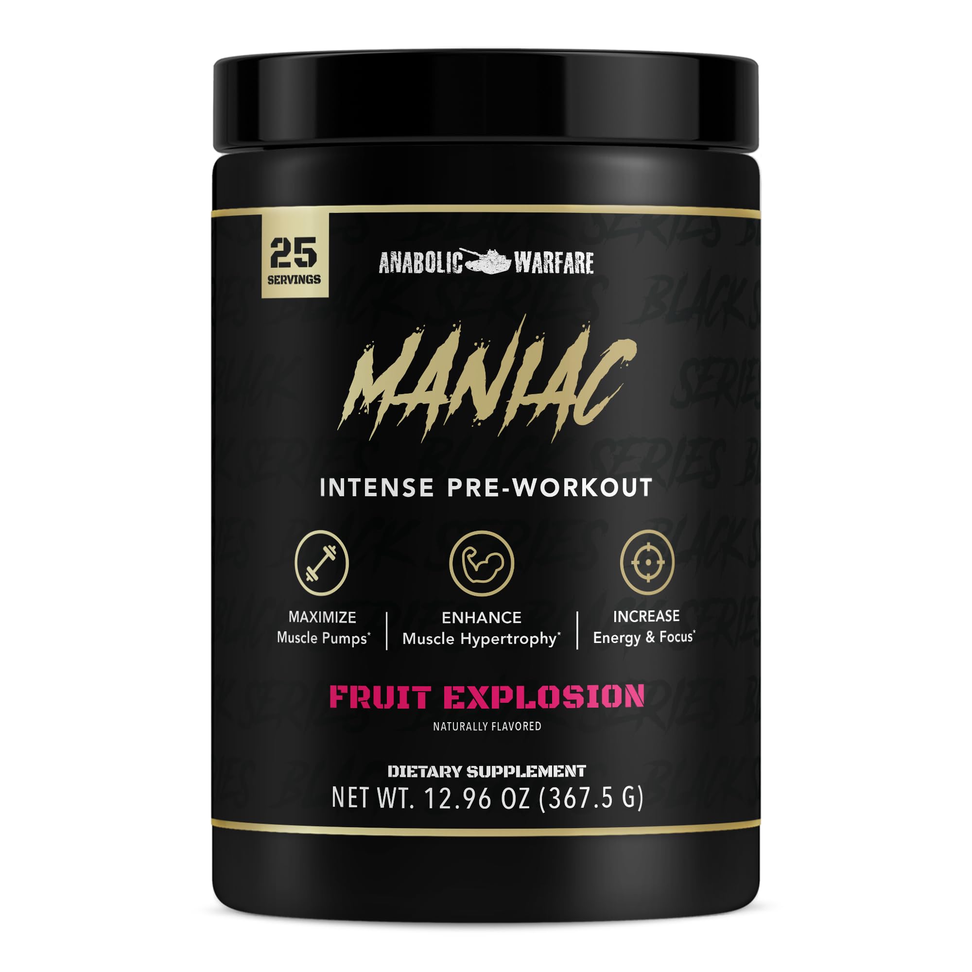 Anabolic Warfare Maniac powder tub in Fruit Explosion flavor for energized workouts.