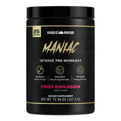 Anabolic Warfare Maniac powder tub in Fruit Explosion flavor for energized workouts.