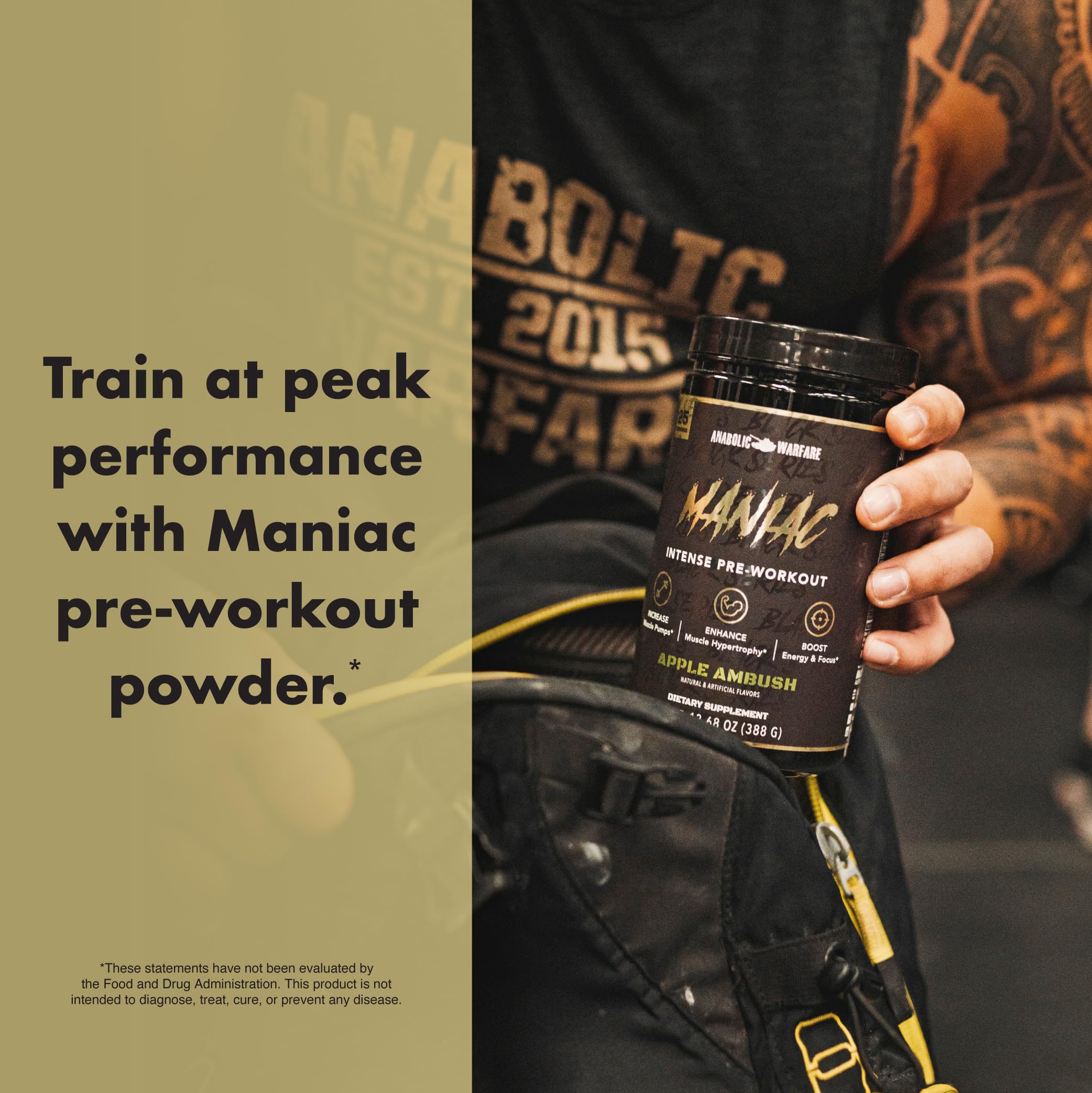 Anabolic Warfare Maniac ingredient icons emphasizing key components.