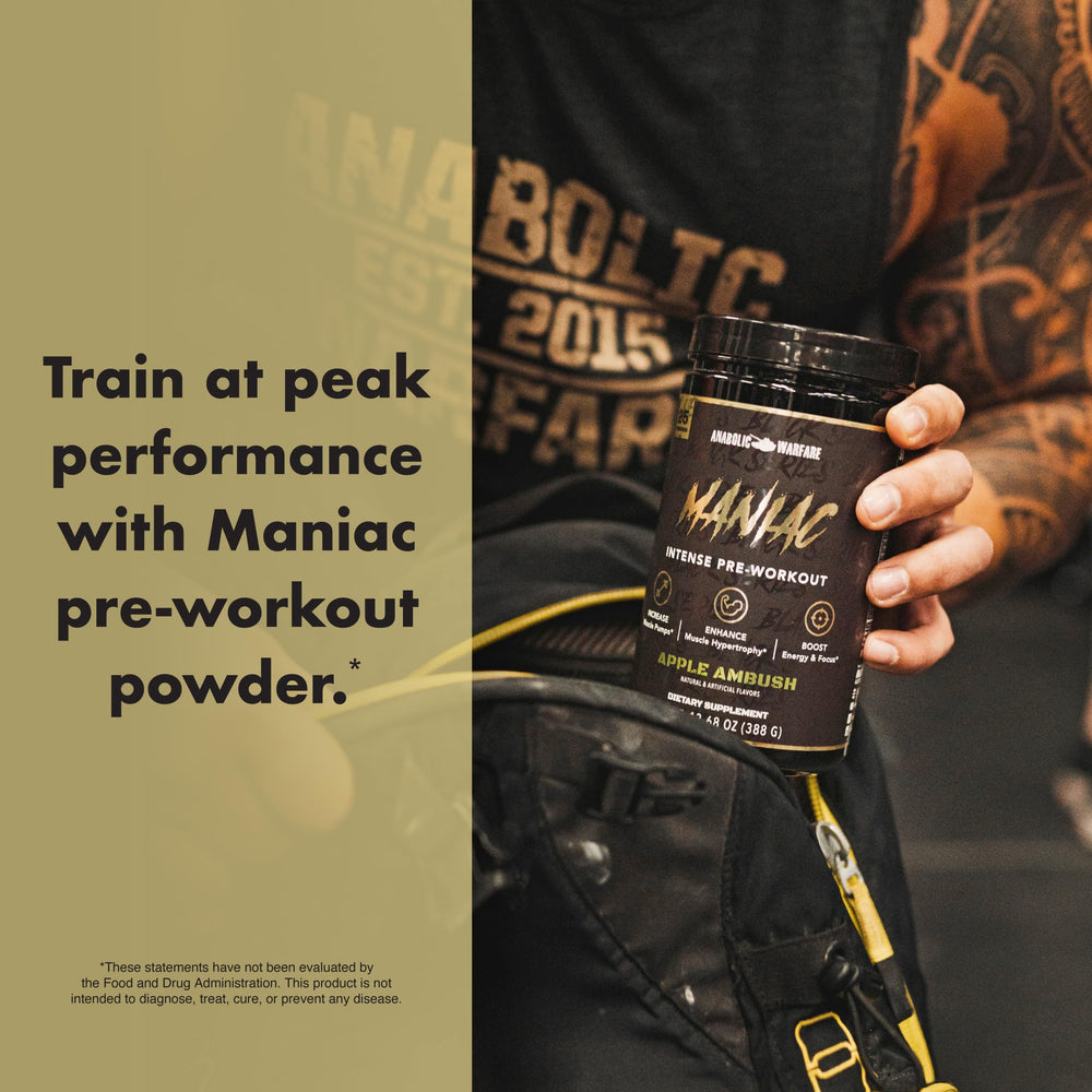 Anabolic Warfare Maniac ingredient icons emphasizing key components.
