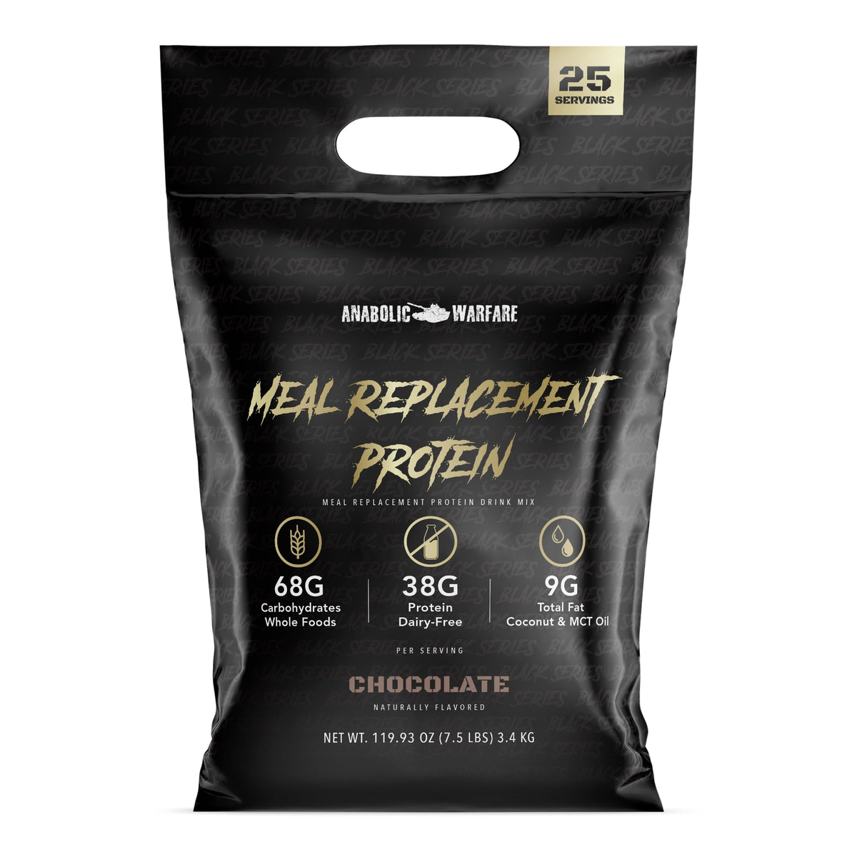 Anabolic Warfare Meal Replacement Chocolate bottle highlights dairy-free protein for active lifestyles.