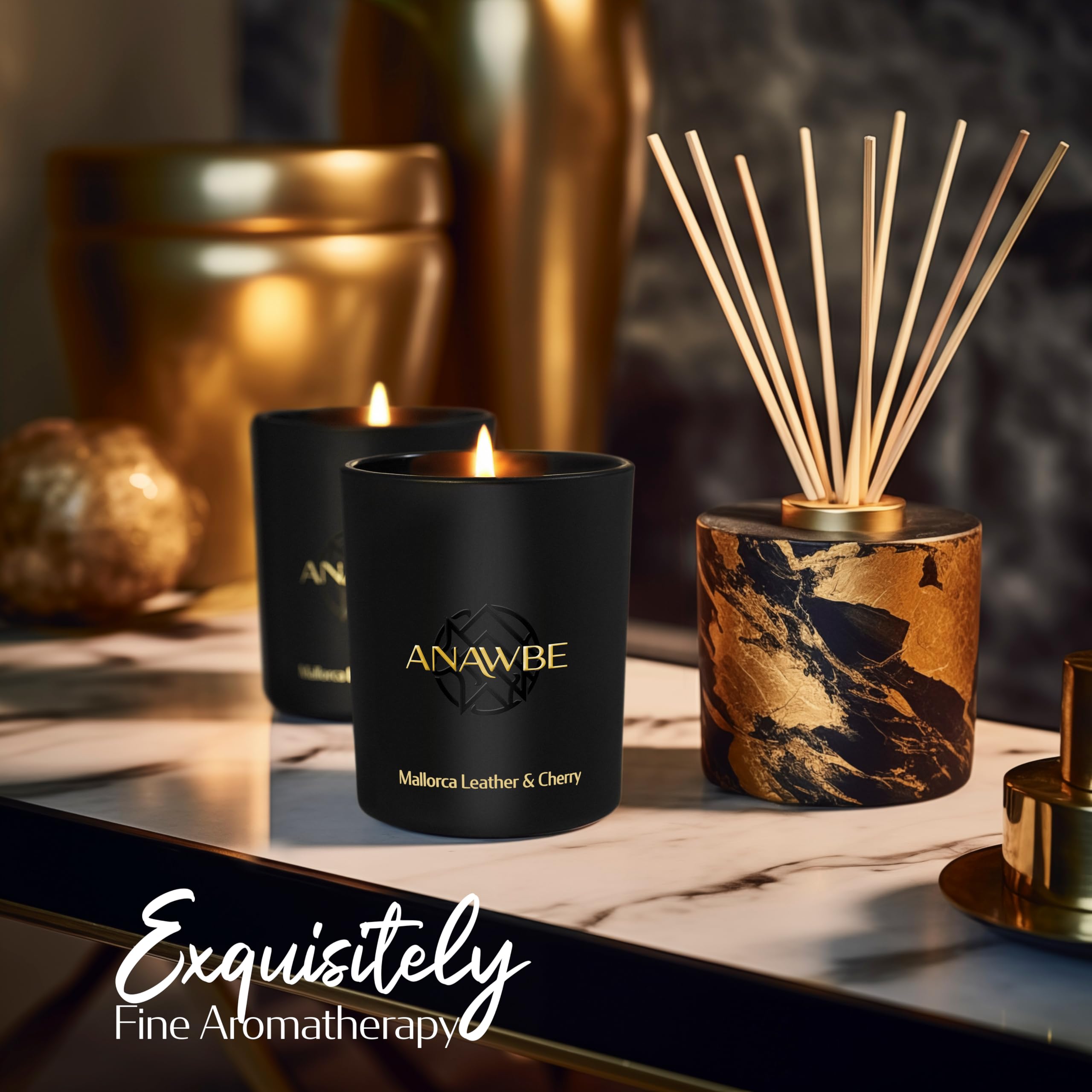 ANAWBE candle black matte vessel with gold foil elevates gift-ready presentation.