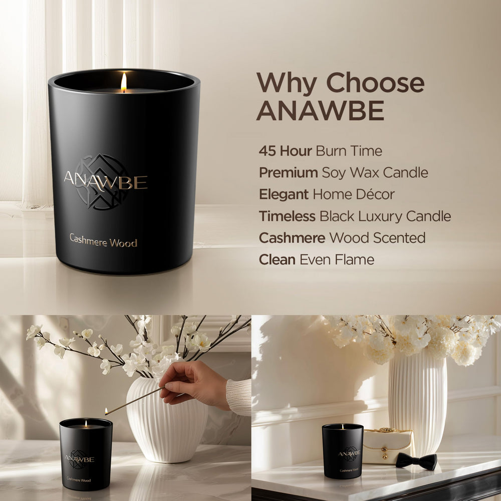 ANAWBE Cashmere Wood candle in a vessel showcases luxury design for modern spaces.