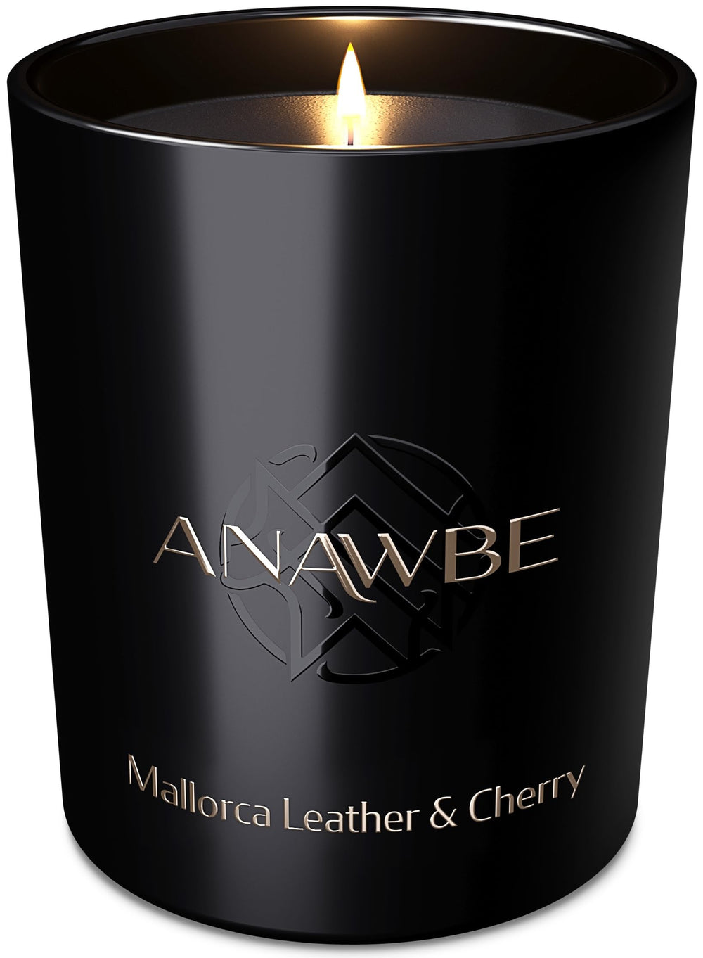 ANAWBE Mallorca Leather &amp; Cherry candle in black matte vessel for refined ambiance.