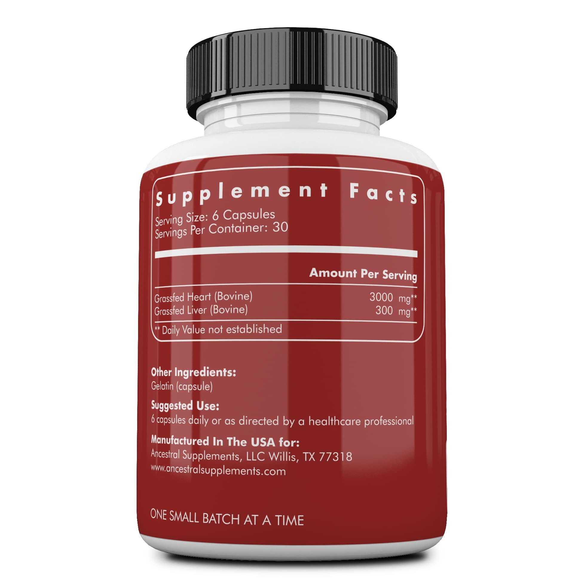 Ancestral Supplements Beef Heart bottle side highlighting CoQ10 for energy support.