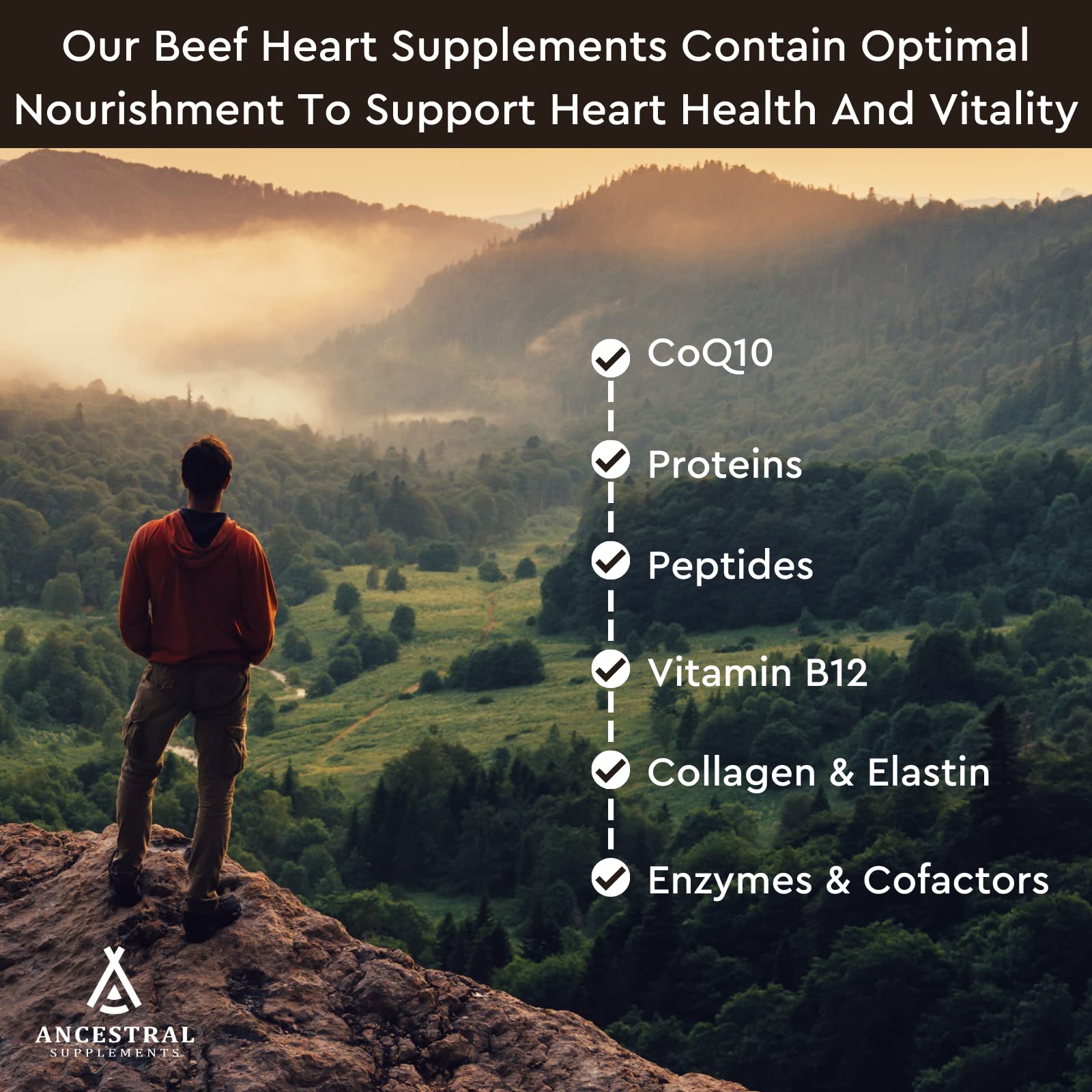 Ancestral Supplements Beef Heart ingredients panel noting non-GMO, pasture-raised sourcing.