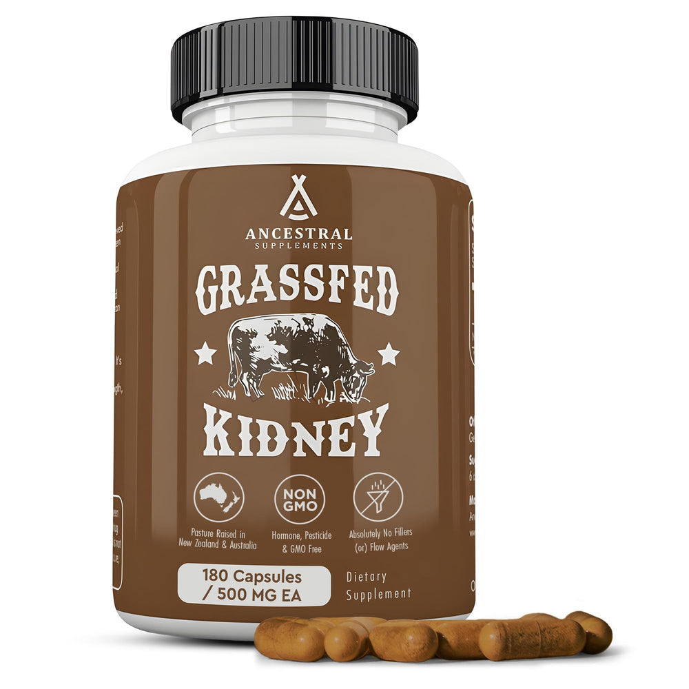 Ancestral Supplements beef kidney bottle pour showing easy daily use for energy and routine wellness.