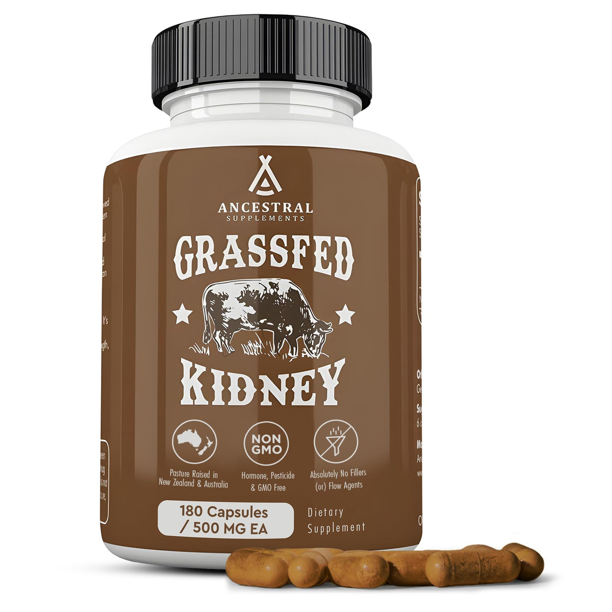 Ancestral Supplements beef kidney bottle pour showing easy daily use for energy and routine wellness.