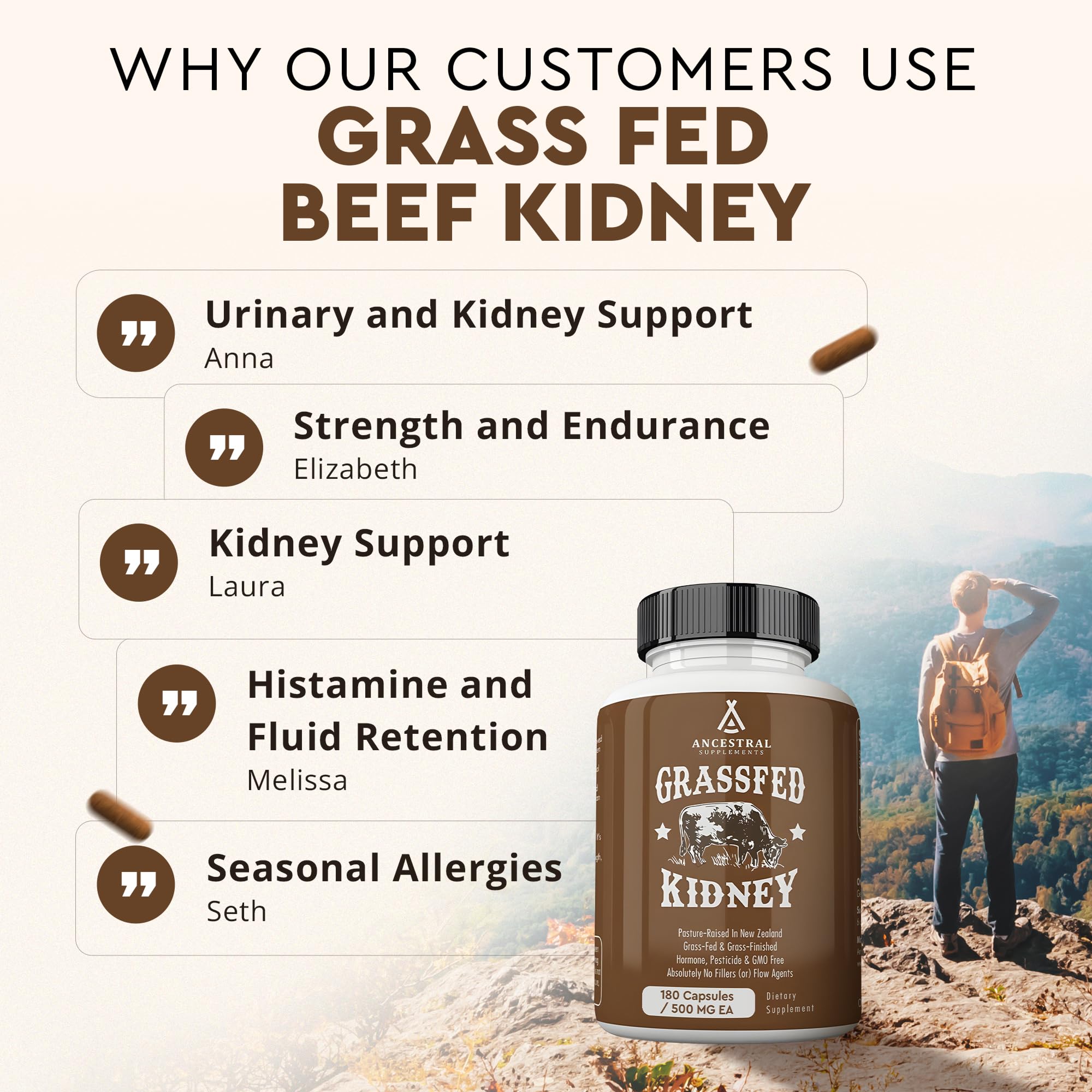 Ancestral Supplements beef kidney dosage-scoop demonstrates precise serving visuals.