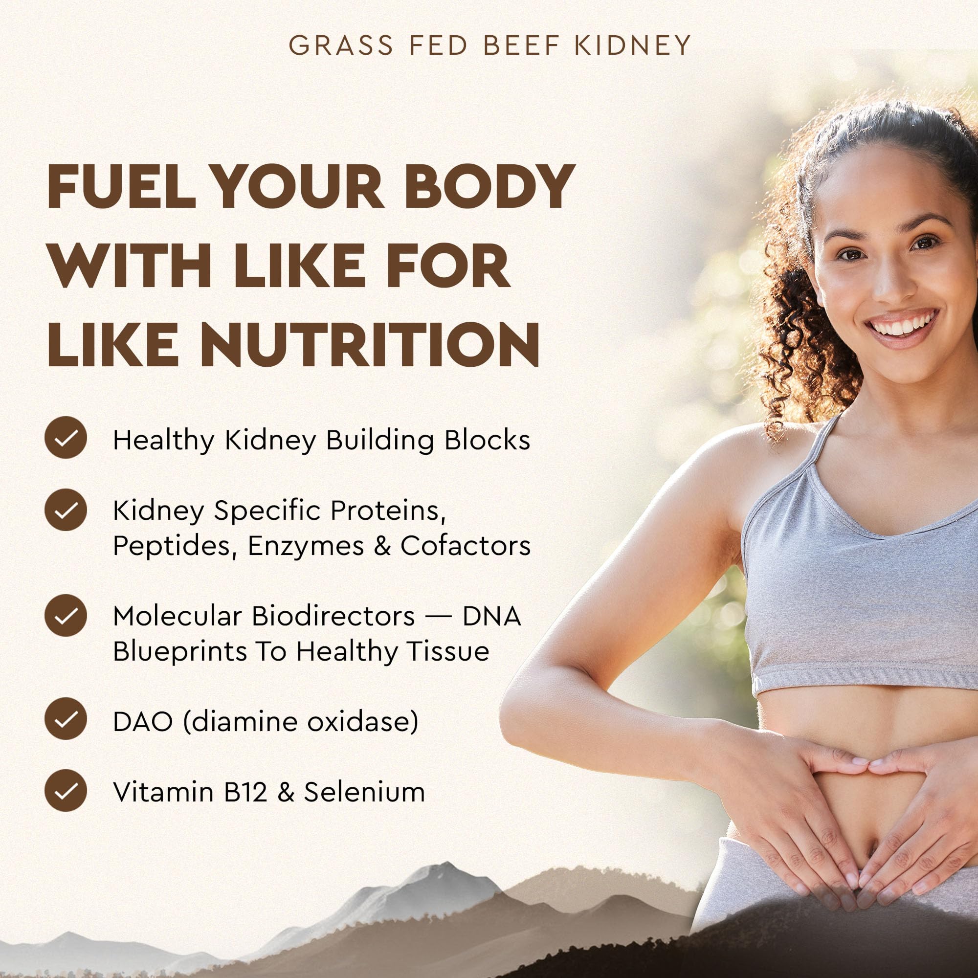 Ancestral Supplements beef kidney ingredients label emphasizes non-GMO purity.