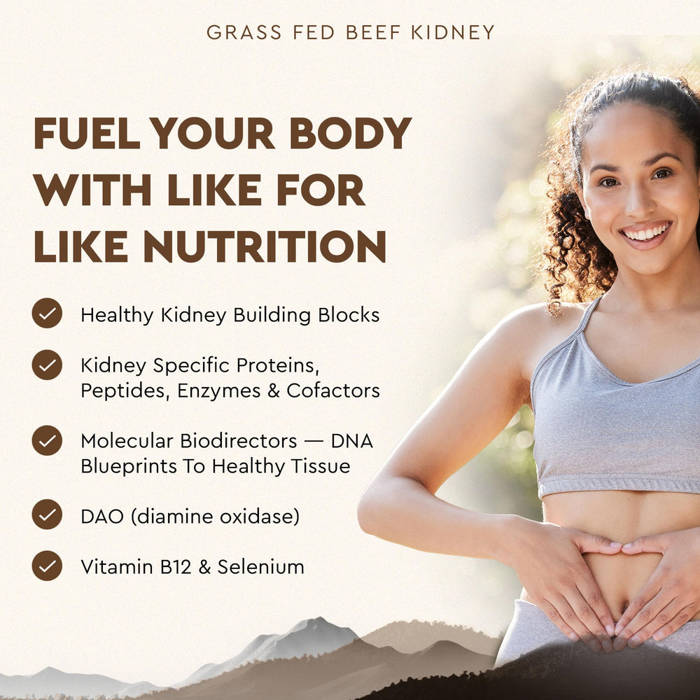 Ancestral Supplements beef kidney ingredients label emphasizes non-GMO purity.