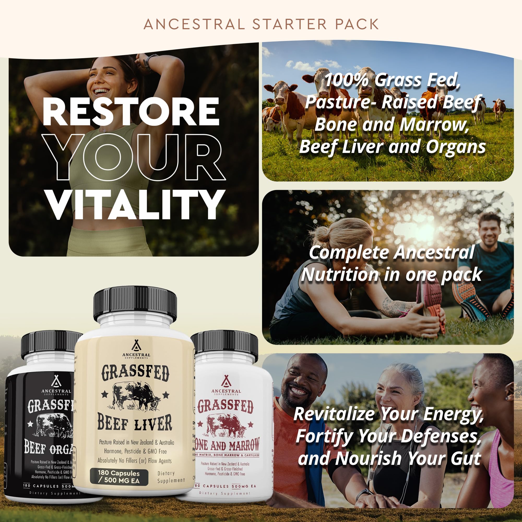Ancestral Supplements Beef Organs Stack packaging on a kitchen shelf suggesting easy monthly supplementation