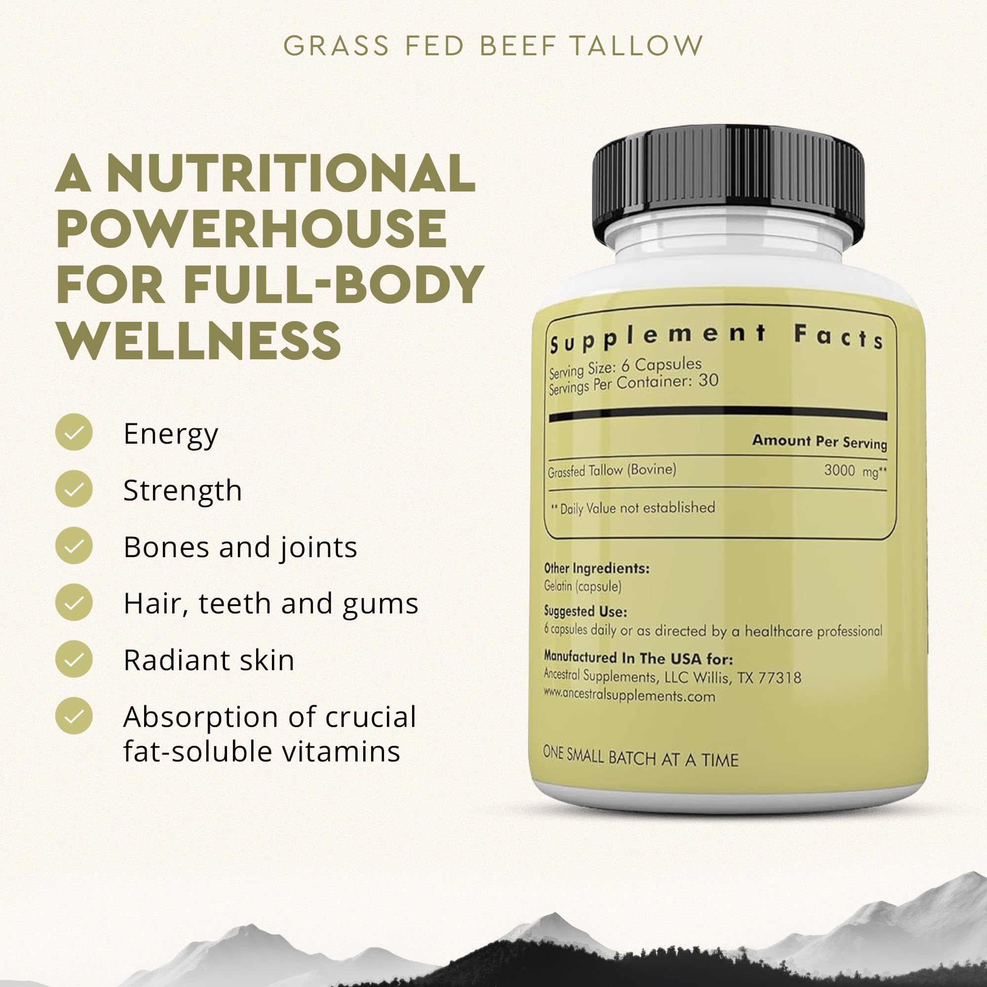 Ancestral Supplements Beef Tallow Capsules closeup shows easy to swallow soft gels