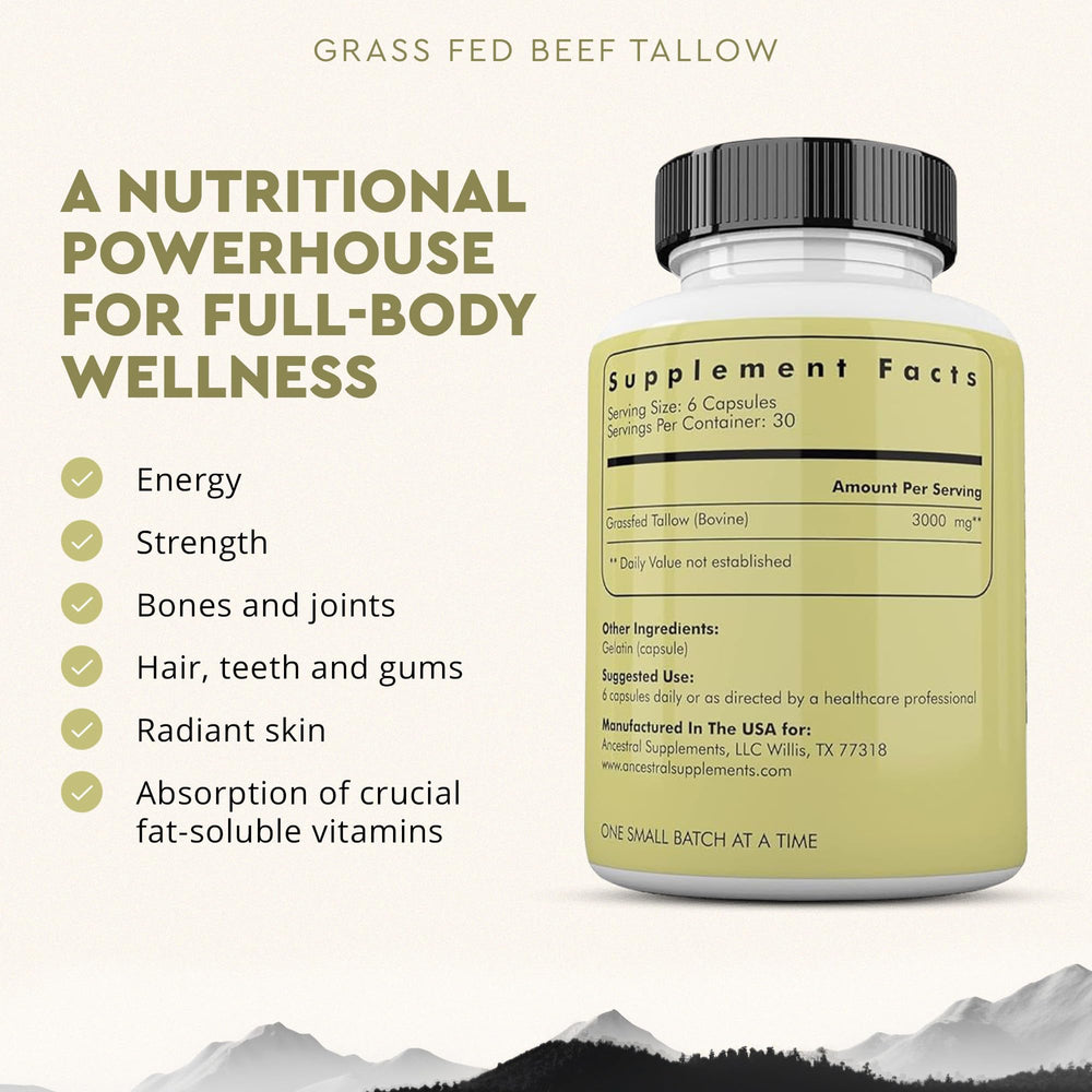Ancestral Supplements Beef Tallow Capsules closeup shows easy to swallow soft gels