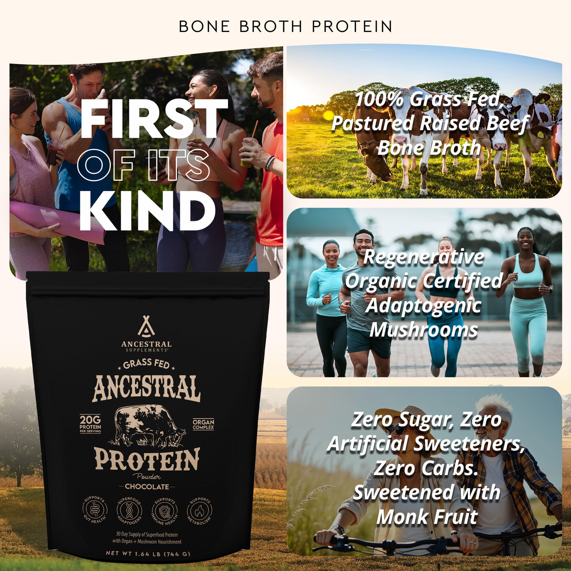 Ancestral Supplements bone broth protein powder scoop over glass of water