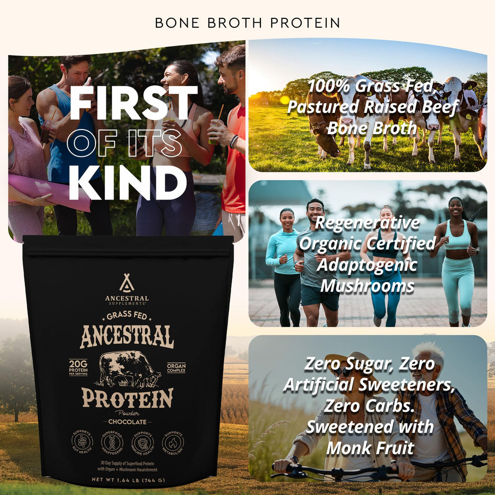 Ancestral Supplements bone broth protein powder scoop over glass of water