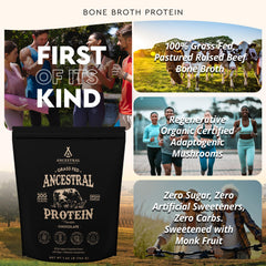 Ancestral Supplements bone broth protein powder scoop over glass of water