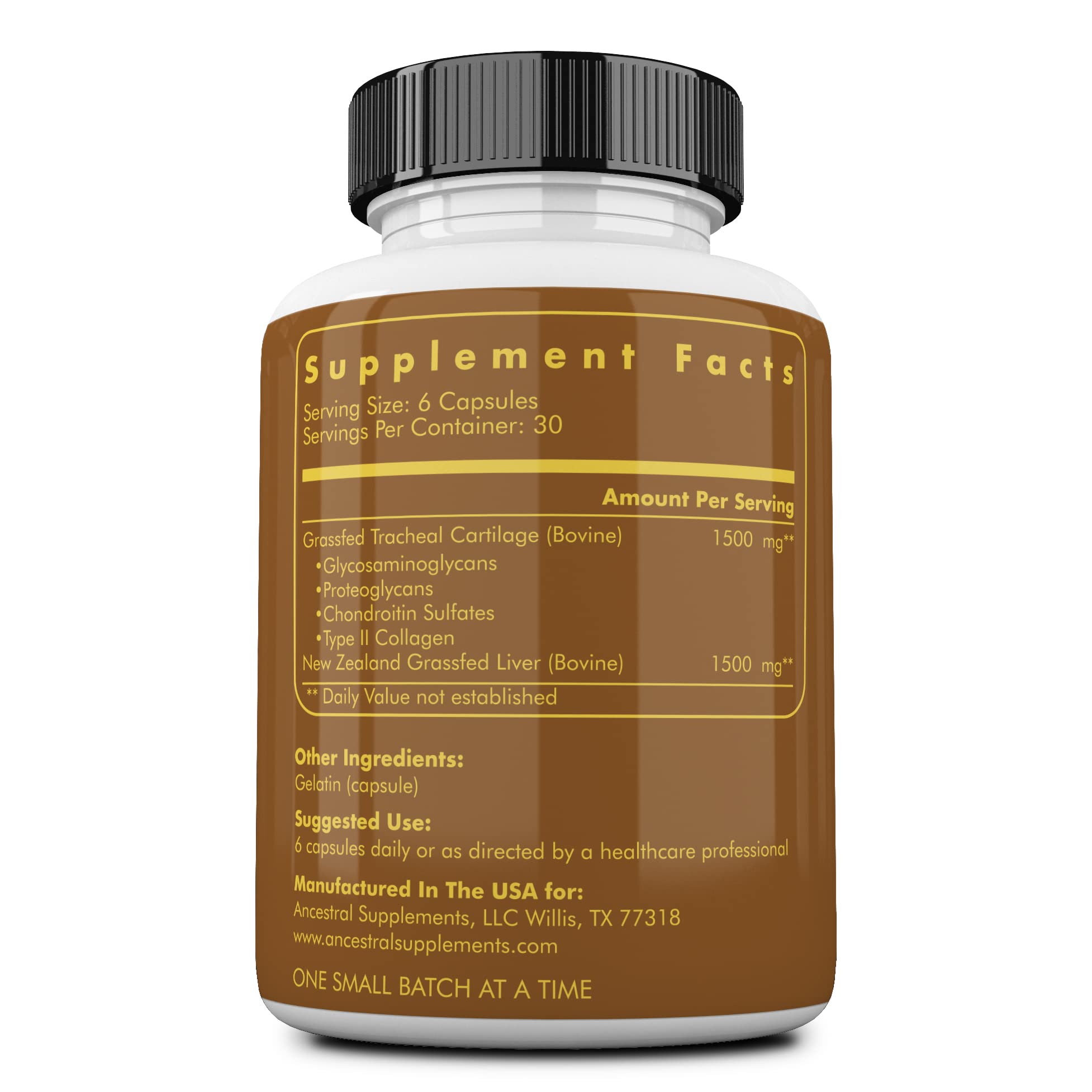 Ancestral Supplements bottle featuring liver and trachea ingredients for whole-food nourishment.