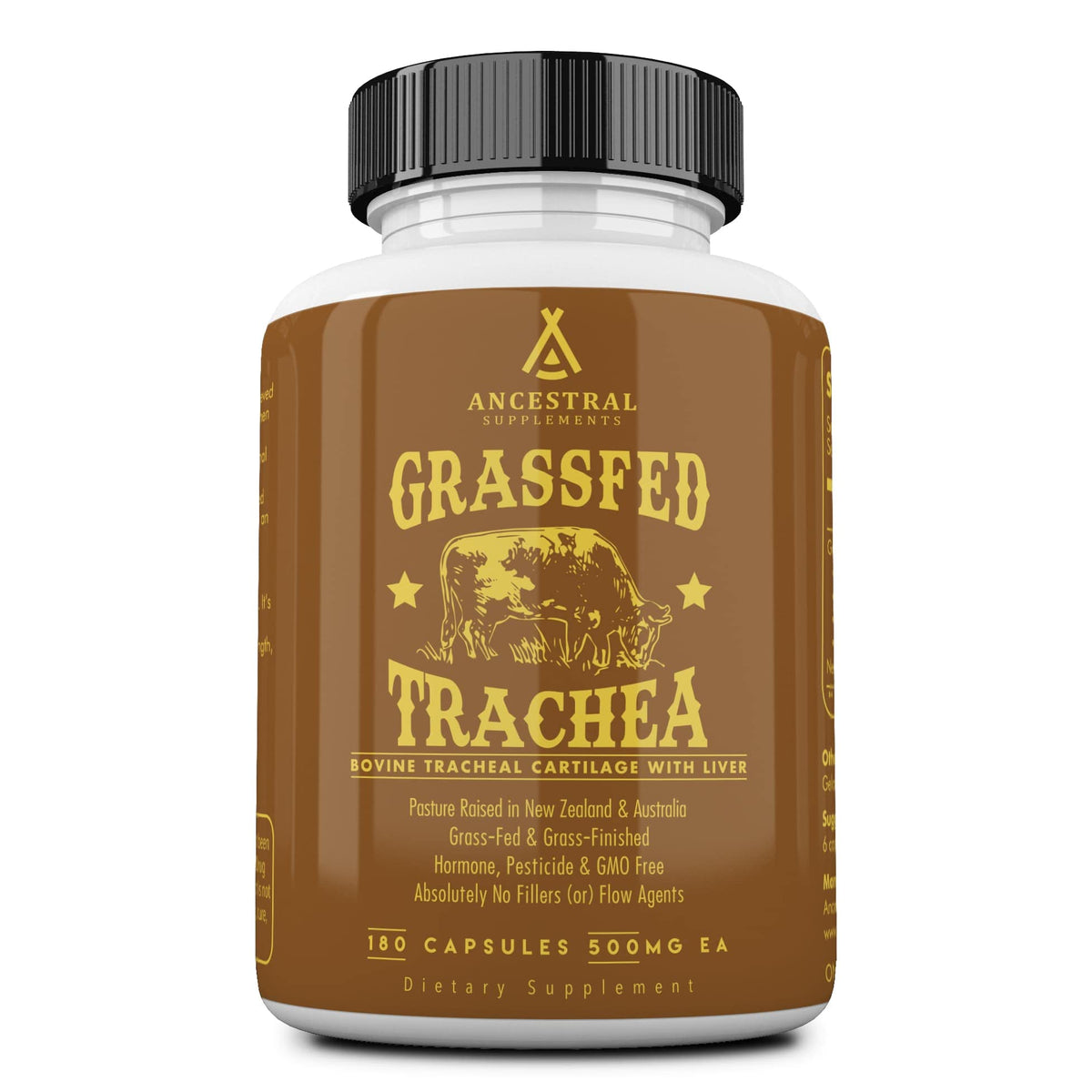 Ancestral Supplements bottle showcasing grass-fed beef tracheal cartilage for joint and immune support.