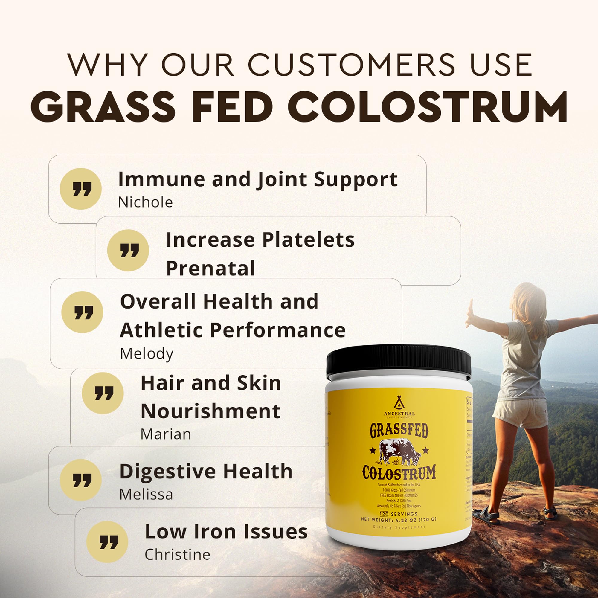 Ancestral Supplements Bovine Colostrum Powder packaging noting no GMOs