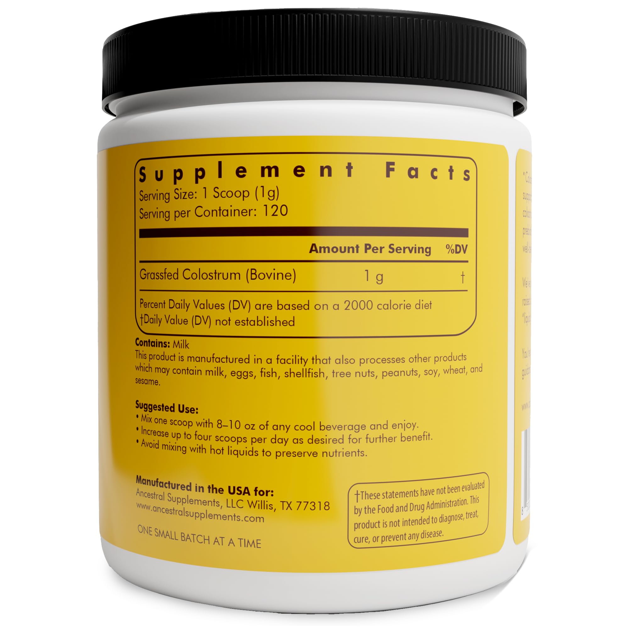 Ancestral Supplements Bovine Colostrum Powder packaging showcasing grass-fed sourcing and clean ingredients